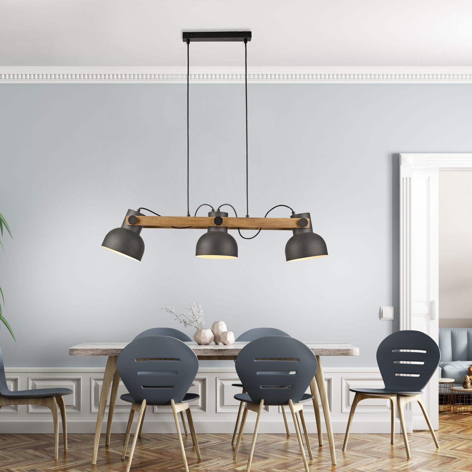 Pendelleuchte Holz Metall E27 96 cm 3-flammig flexibel