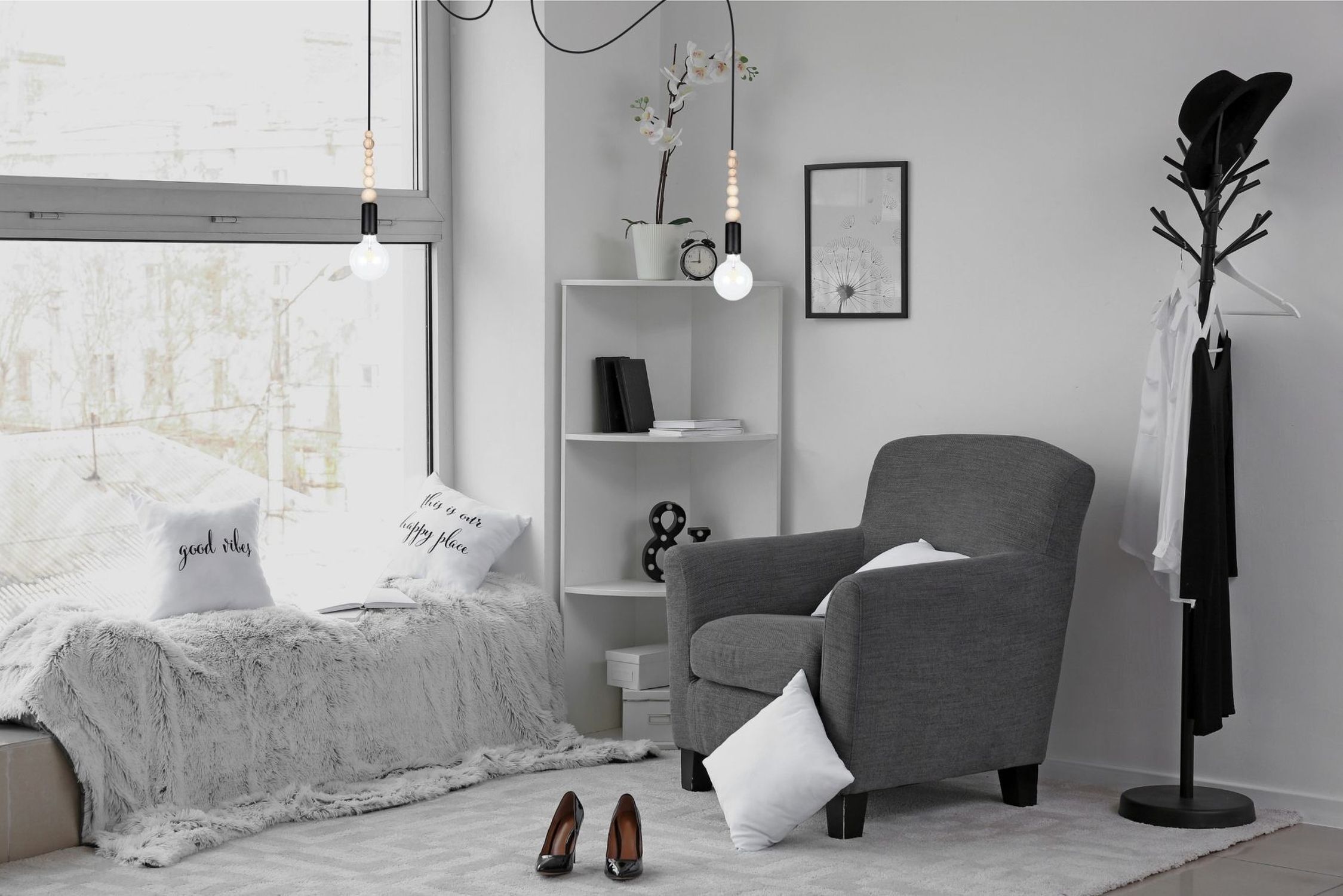 wohnzimmer, grau, möbel, lehnsessel, schreibtischregal