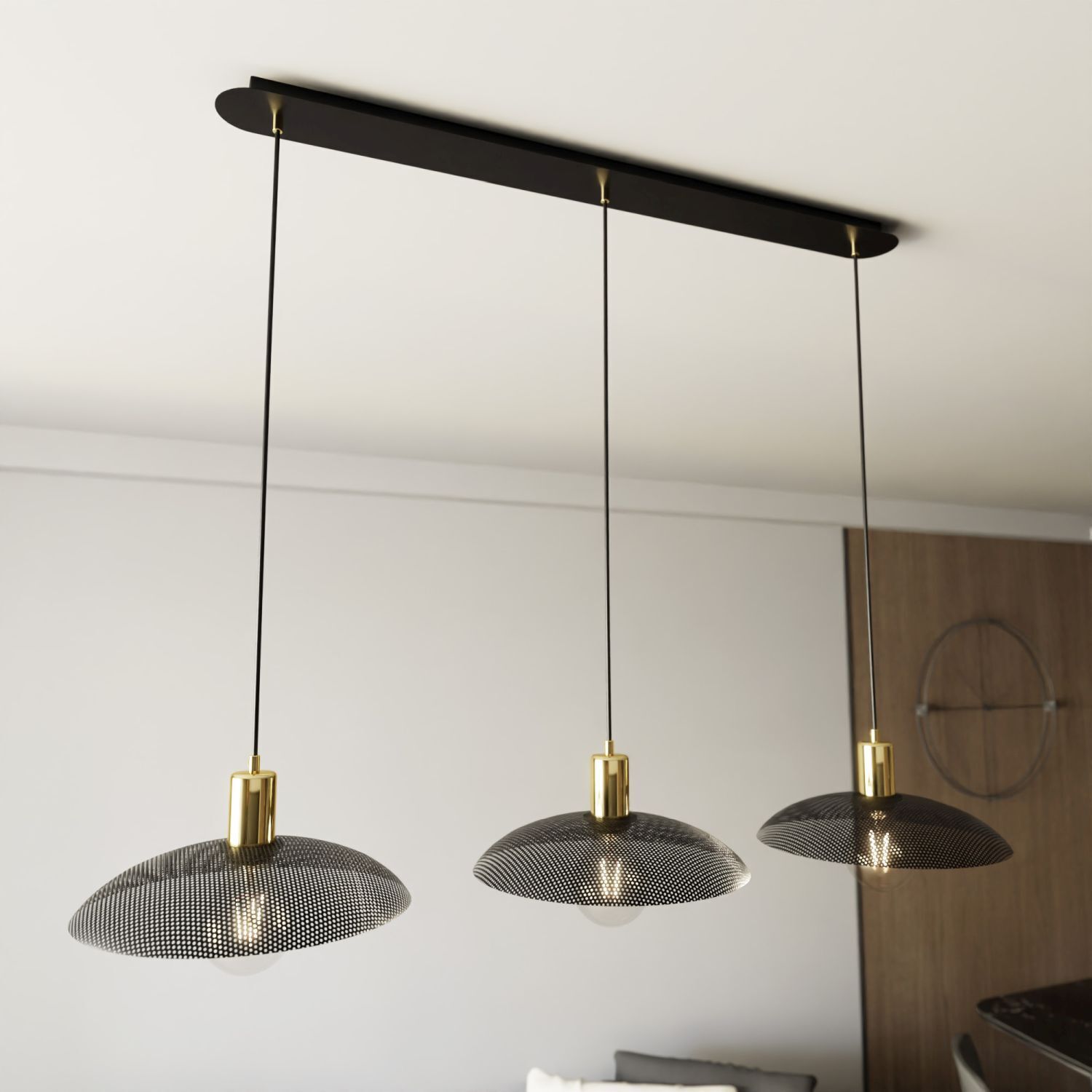 Pendelleuchte 3-flammig L: 90 cm Metall Schwarz Gold E27