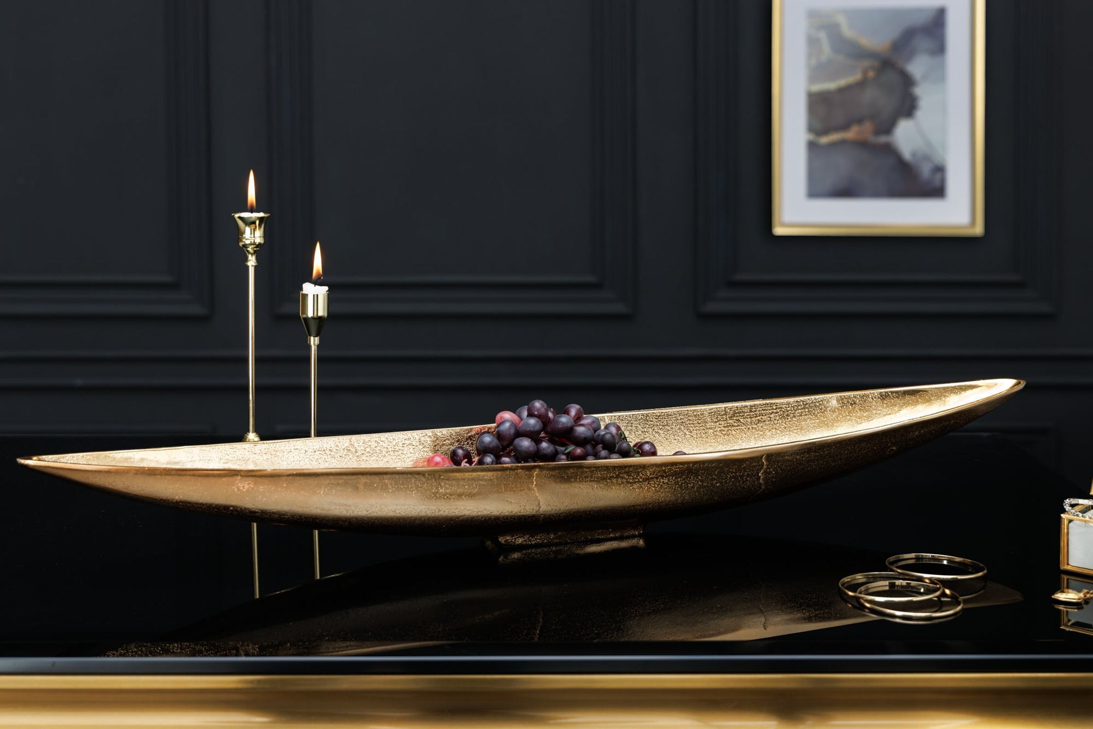 Dekoschale länglich 82 cm lang aus Metall in Gold Handarbeit