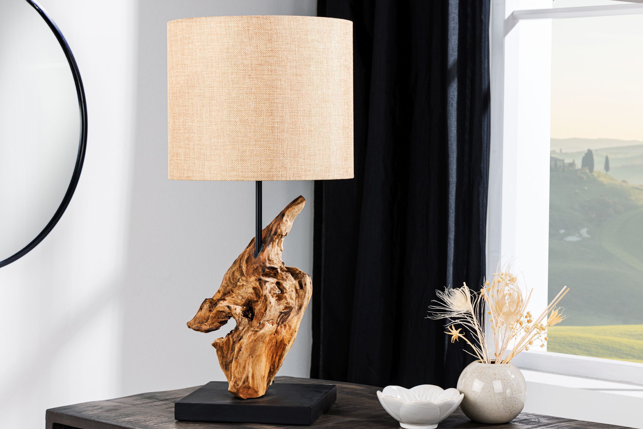 Moderne Tischleuchte blendarm Stoff Holz E27 58 cm groß