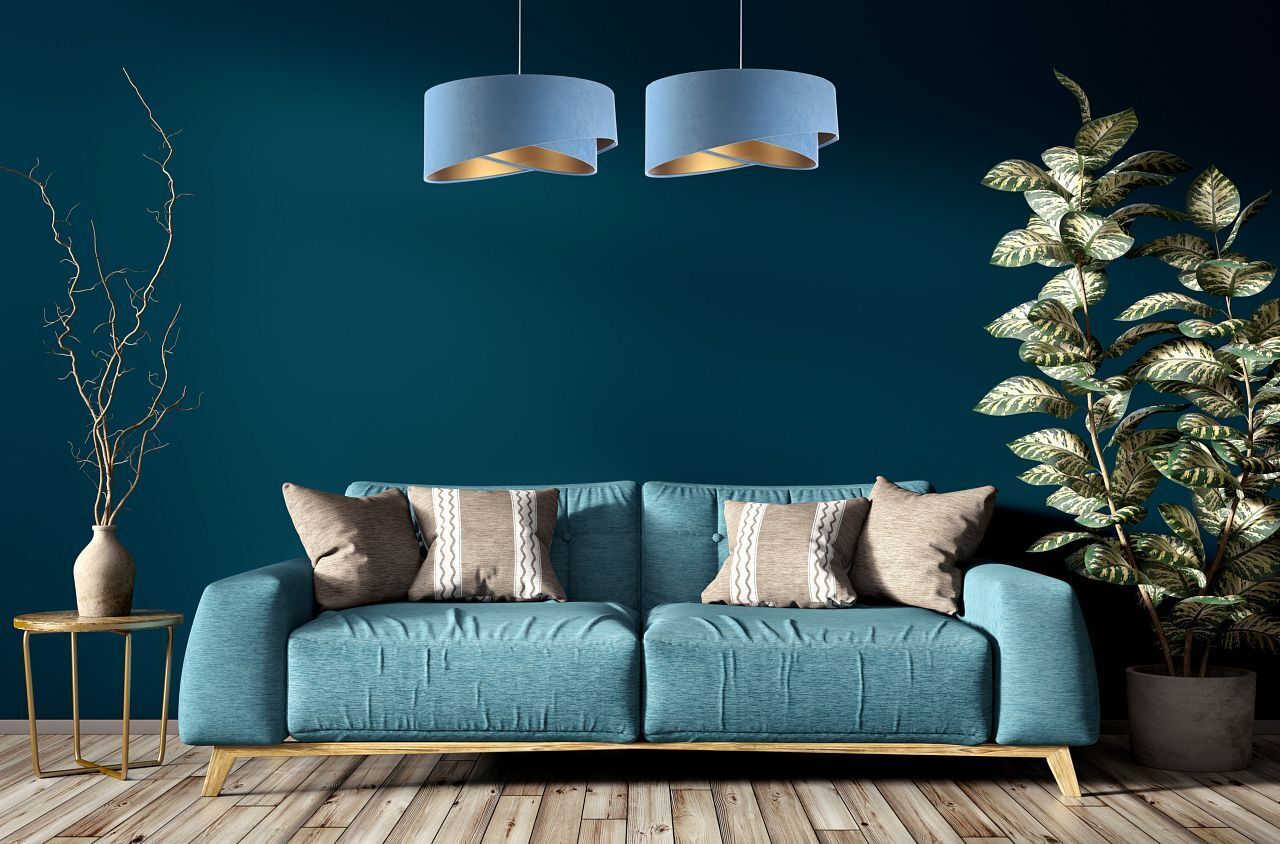 Hängeleuchte rund D: 50 cm E27 Blau Gold Stoff Velours Optik