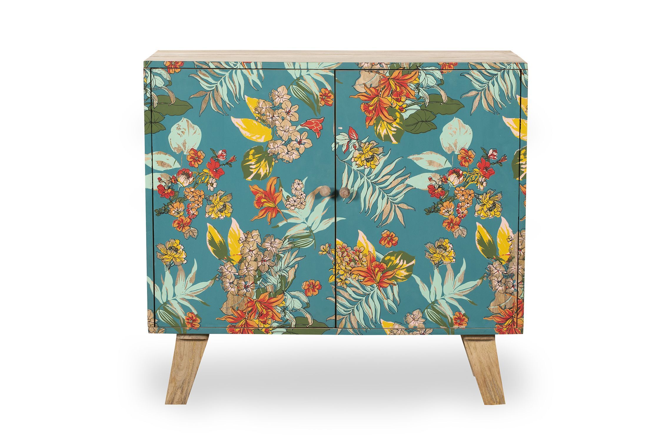 Florales Sideboard Bunt Türkis aus Mangoholz MDF B: 90 cm