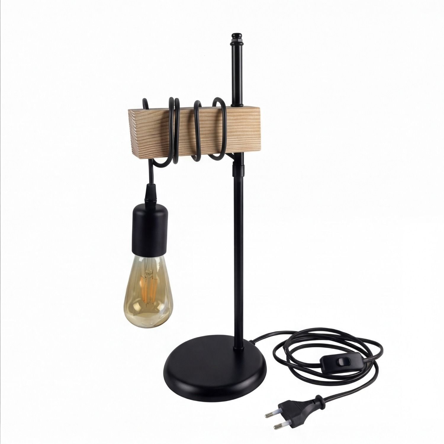 Tischlampe, Edison-Lampe, Holzblock, Metallstab, Kabelanschluss