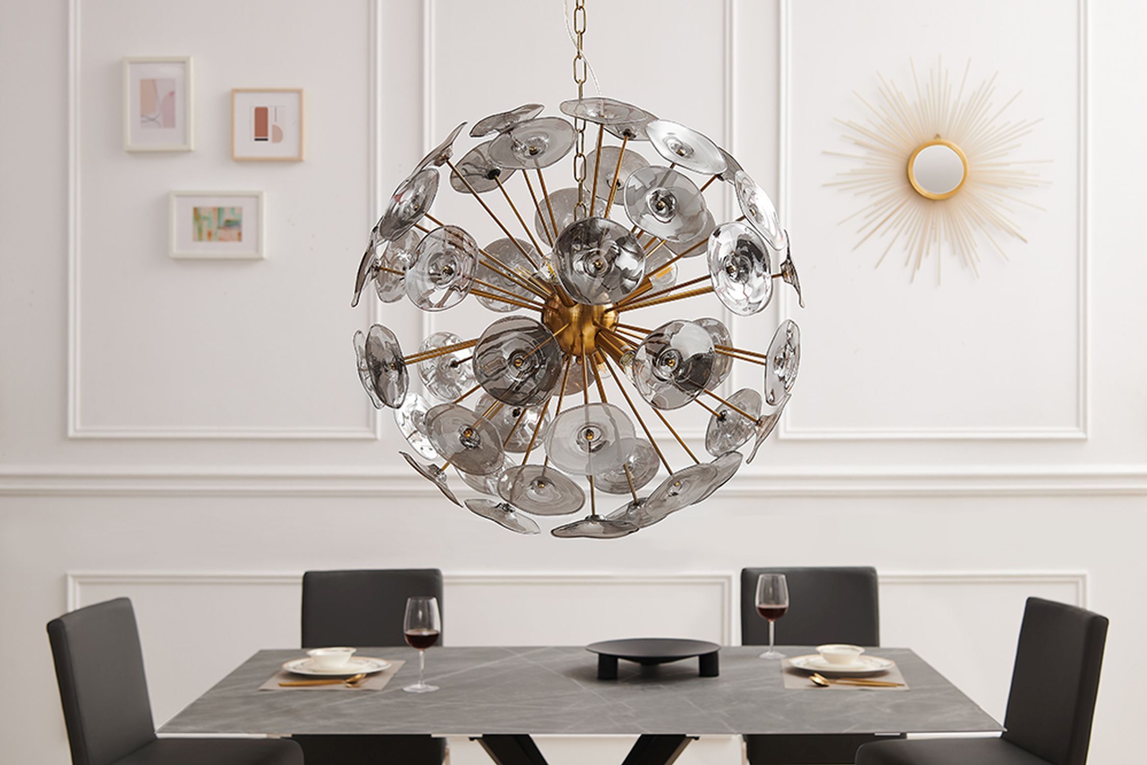 Runde Hängelampe Kugel Glas Metall 5-flammig in Gold Leuchter, Lampe, Esszimmer, Esstisch, Tisch