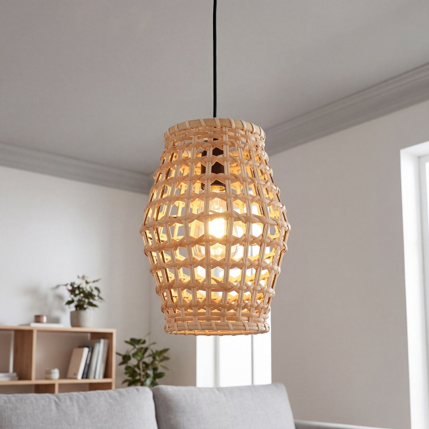 Hängelampe, Papierkorb-Lampe, Rattan-Lampe, Korblampe, Wohnzimmerlampe