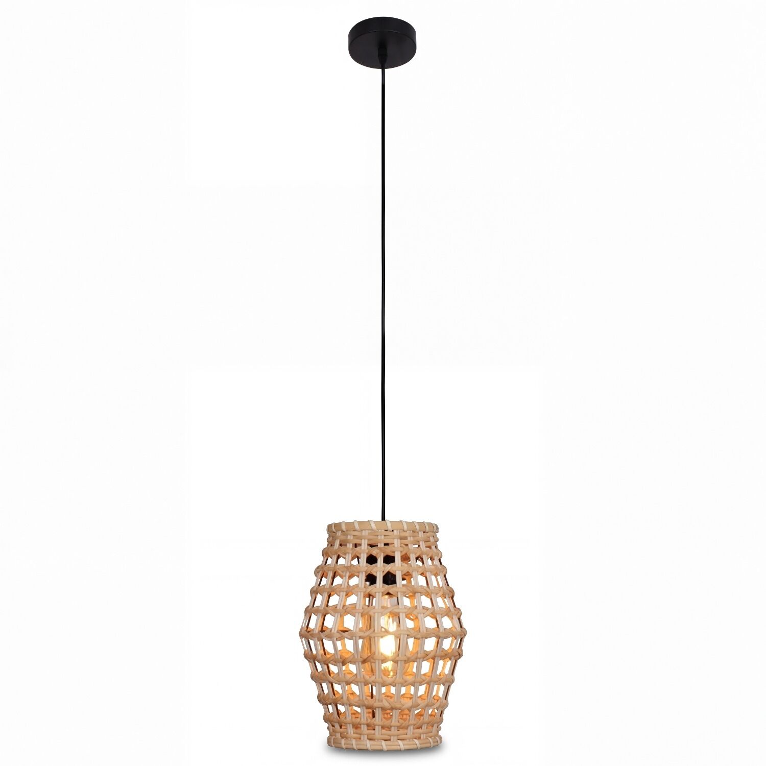 Hängelampe, Korbfassung, Holz, Rattan, Edison-Glühbirne