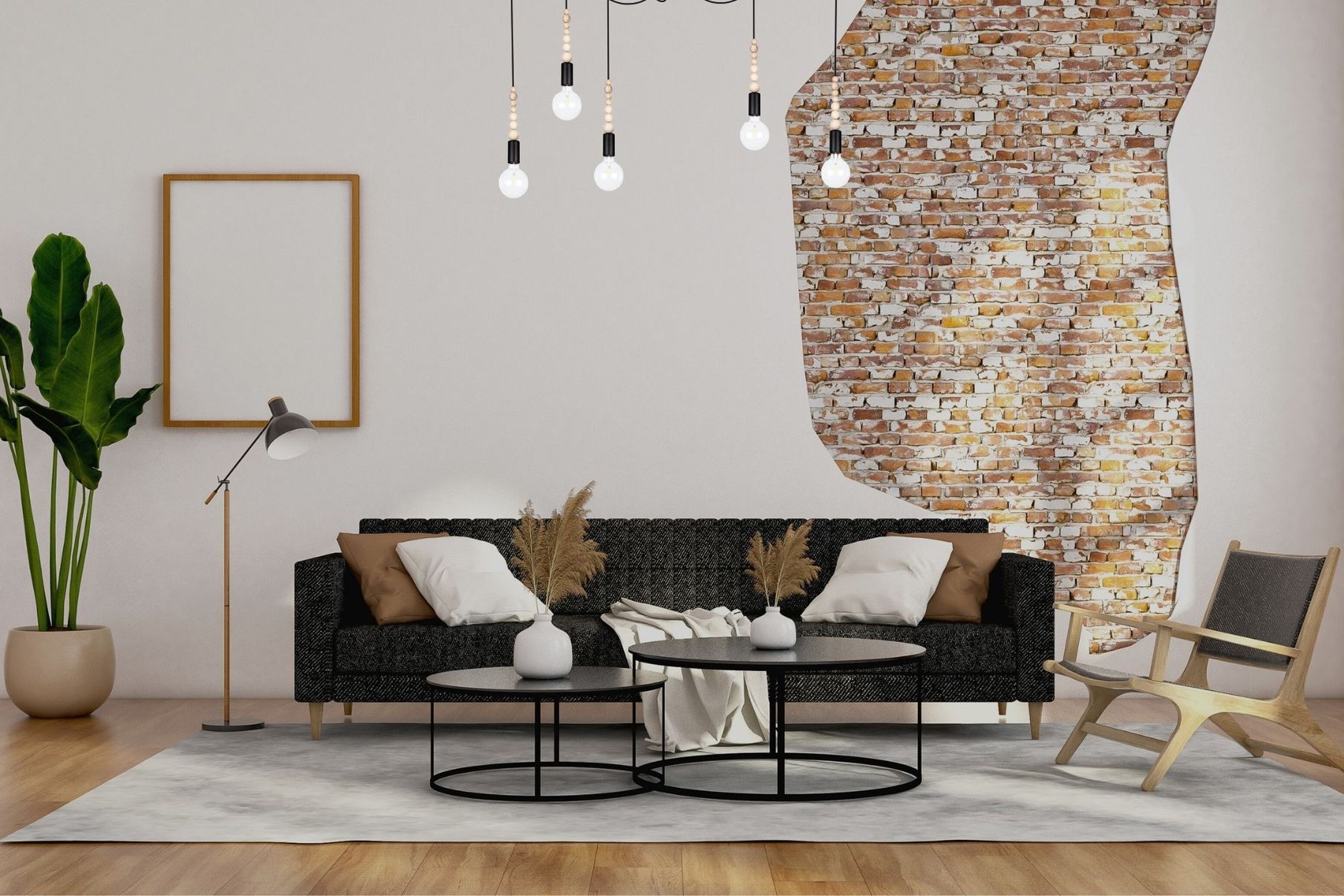 wohnzimmer, sofa, teppich, lampe, pflanze