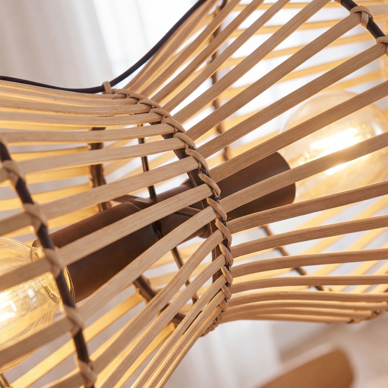 Hängelampe Bambus Natur E27 80 cm 3-flmg Skandinavisch Leuchten, Lichterkette, Rattan, Glimmer-Lampe, Birkenrattan