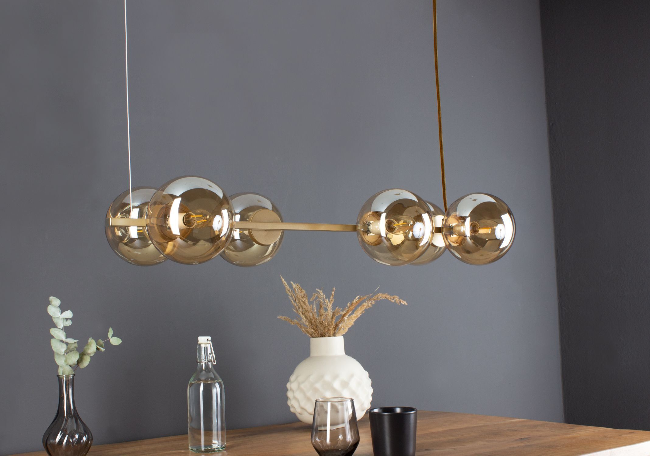 Hängelampe in Gold Bernstein L:80 cm Kugeln stilvoll