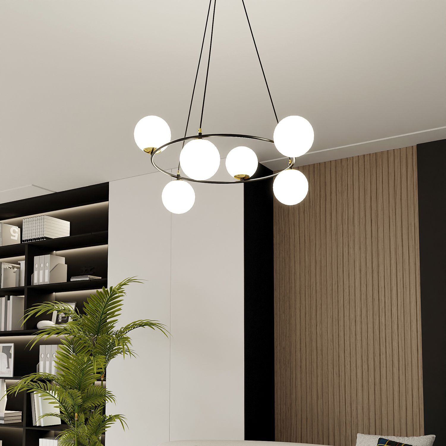 Hängelampe Metall Glas rund Ø 75 cm in Schwarz Weiß Gold