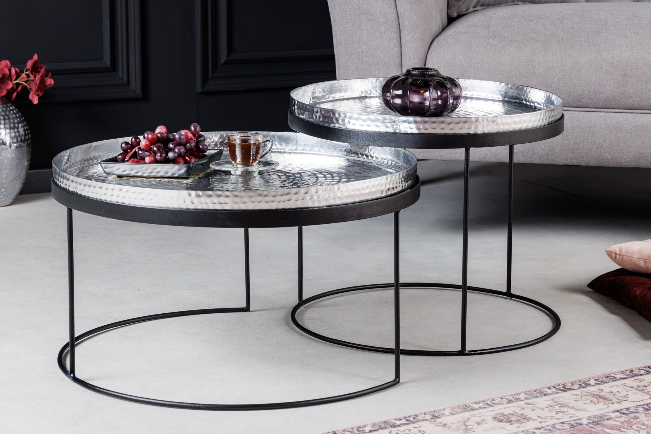 Couchtisch 2er Set mit Tablett in Silber Schwarz Handarbeit Kaffeetisch, Mobiliar, Tabelle, Tischplatte, Tasse