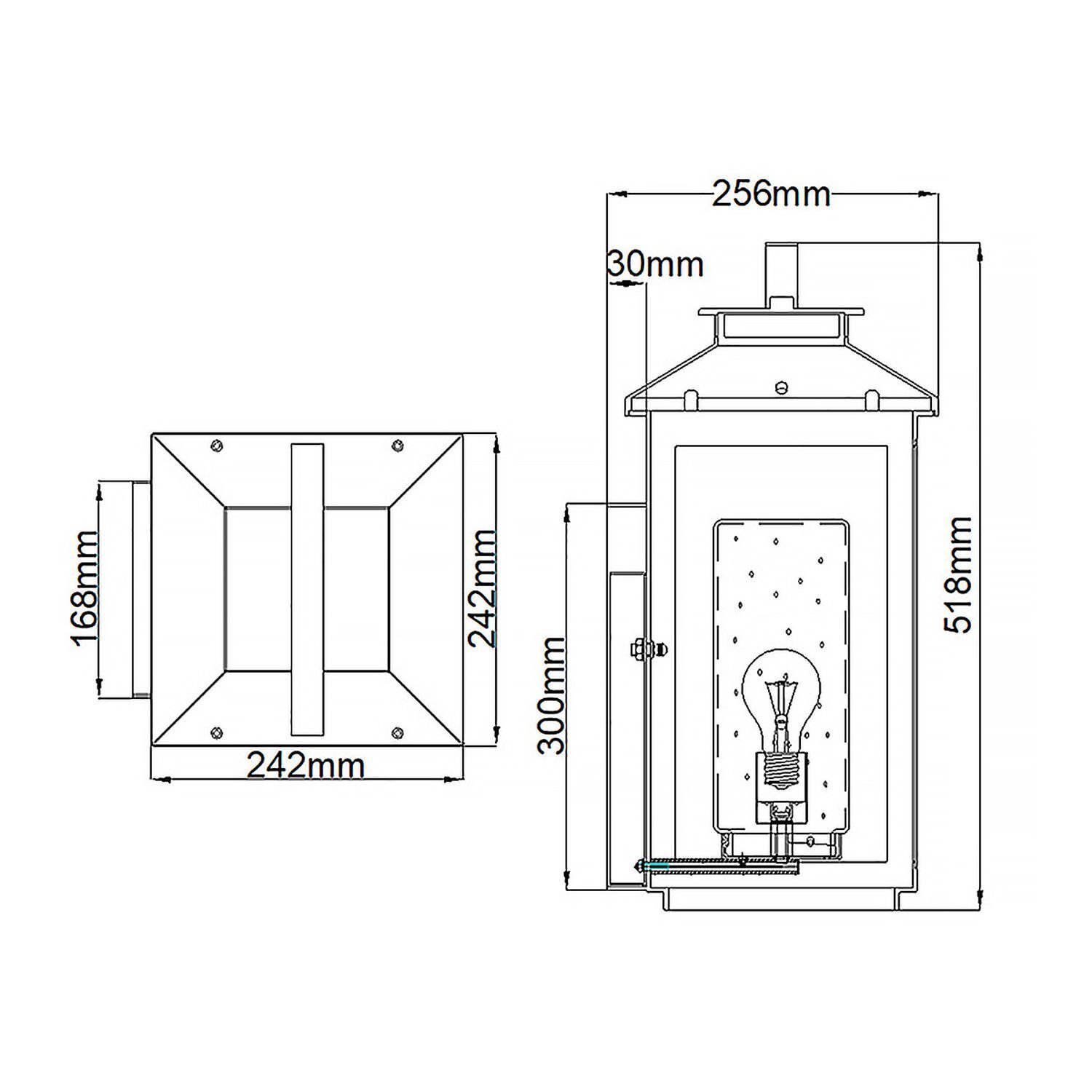 Außenwandlampe E27 IP44 51,8 cm hoch in Messing antik CAD-Diagramm, Diagramm