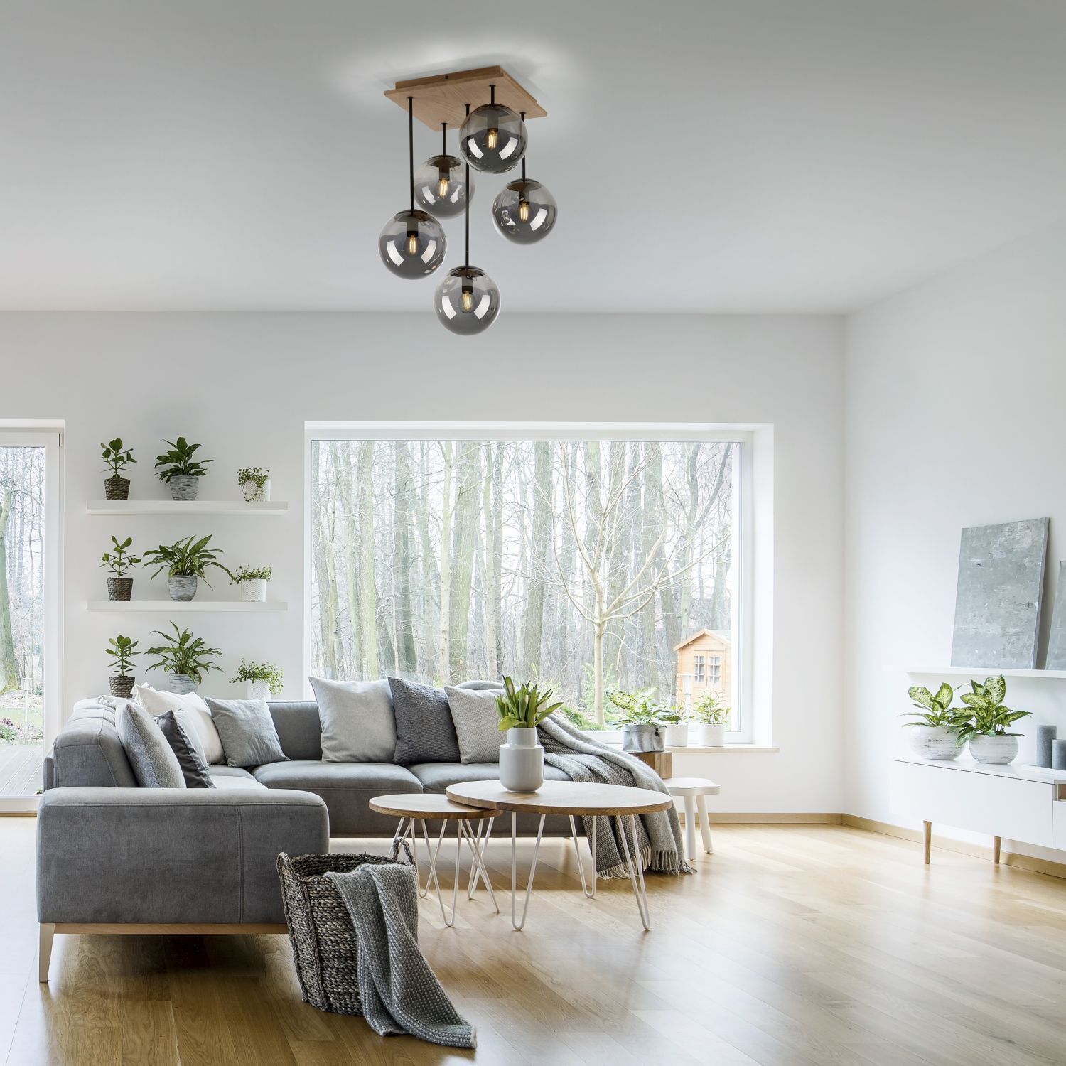 Stylische Deckenlampe Glas Holz E14 B:37 cm blendarm Dekoration für Zuhause, Pflanze