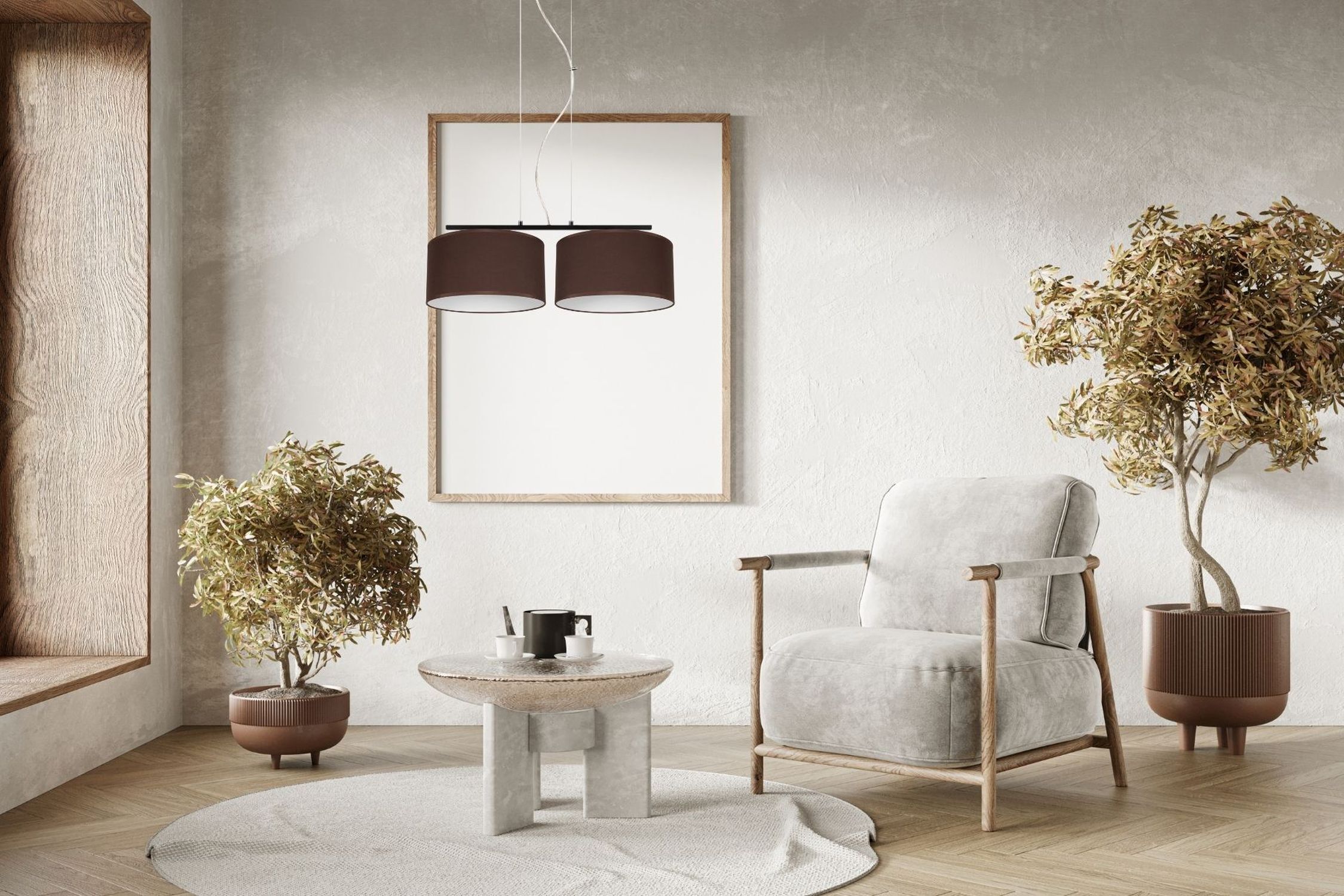 Stoff Pendelleuchte blendarm Braun Weiß E27 70 cm lang wohnzimmer, pflanze, lampe, tisch, stuhl