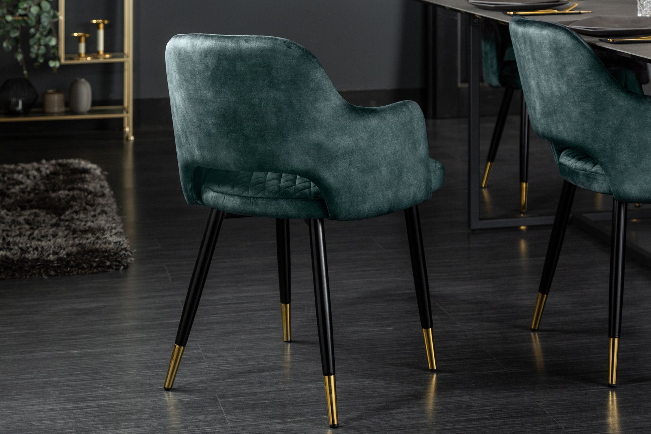 Esstischstuhl Samt Metall in Petrol Schwarz Gold mit Armlehne Moebel, Stuhl, Fußboden
