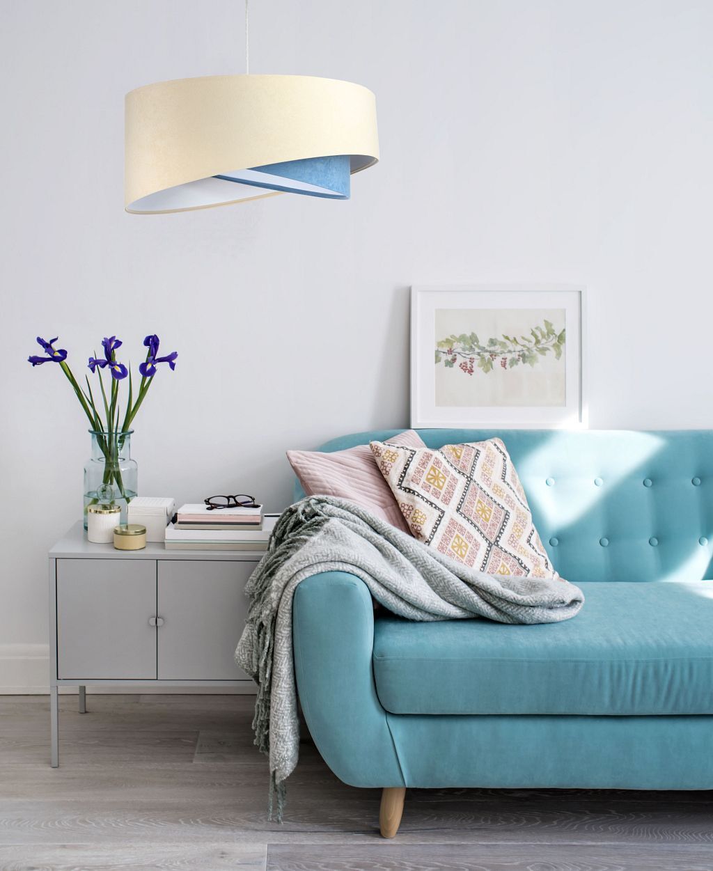 Hängeleuchte Stoff Velours Optik rund Ø 50 cm E27 Creme Blau Couch, Lampe, Kissen, Dekoration für Zuhause