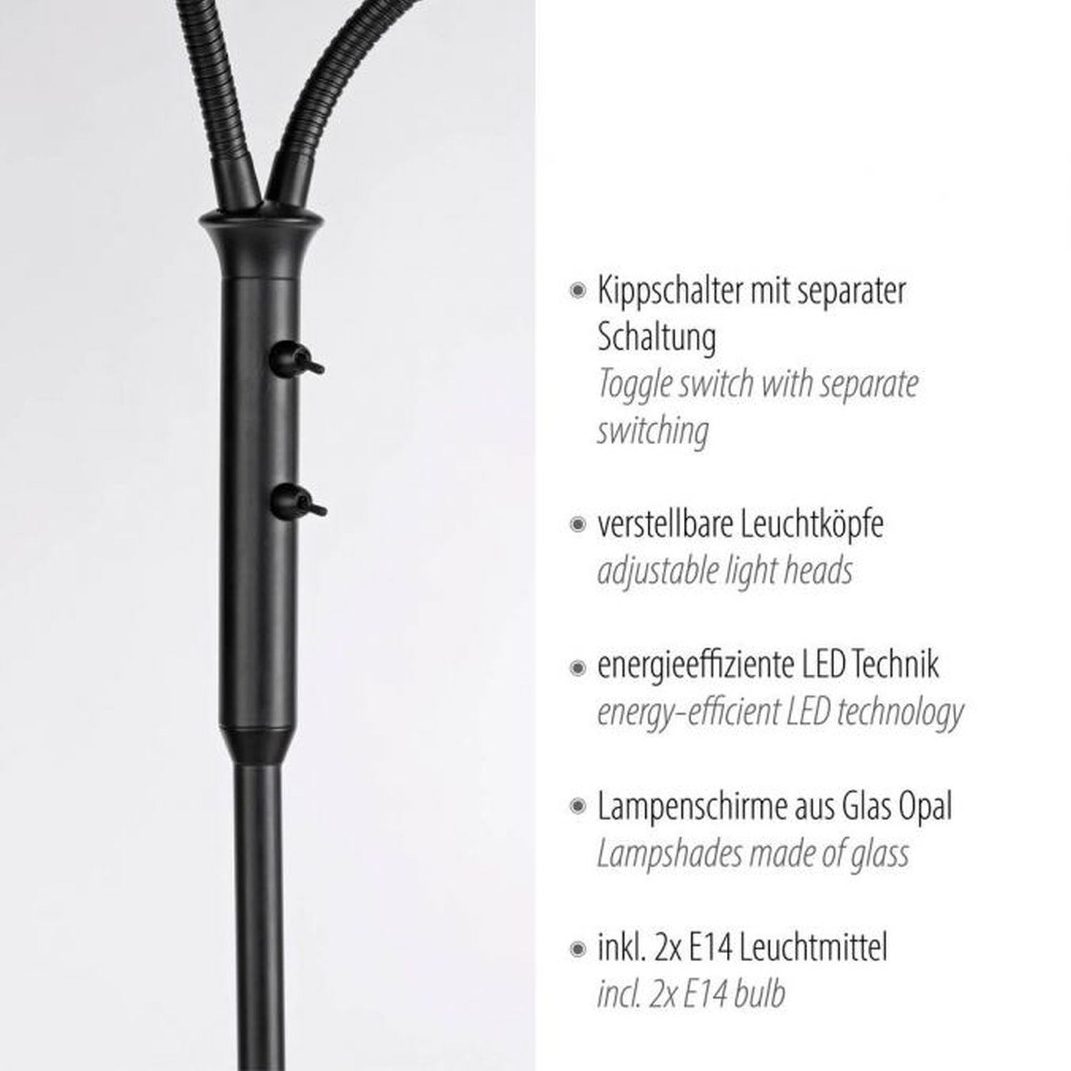 Flexible Stehleuchte Glas Metall 170 cm inkl E14 3000 K