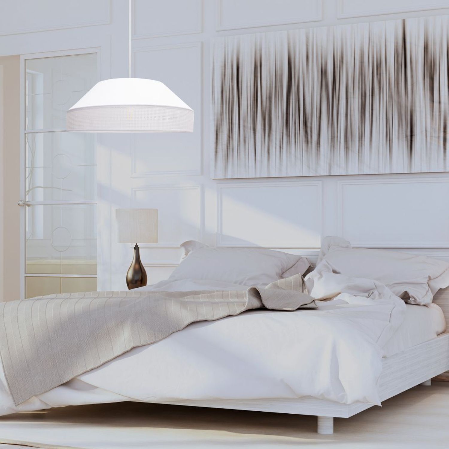 Weiße Hängeleuchte blendarm Stoff wohnlich B:45 cm E27 Innenarchitektur, Inneneinrichtung, Lampe, Kissen, Mobiliar