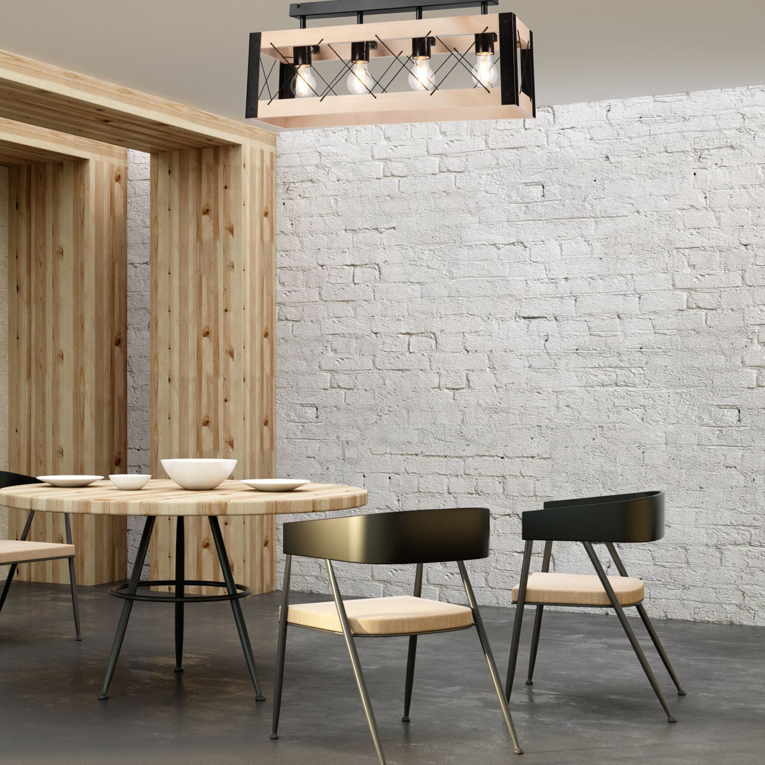 Deckenlampe Holz Metall Rustikal 63 cm lang Schwarz Natur Drinnen, Innenarchitektur, Restaurant, Stuhl, Esstisch