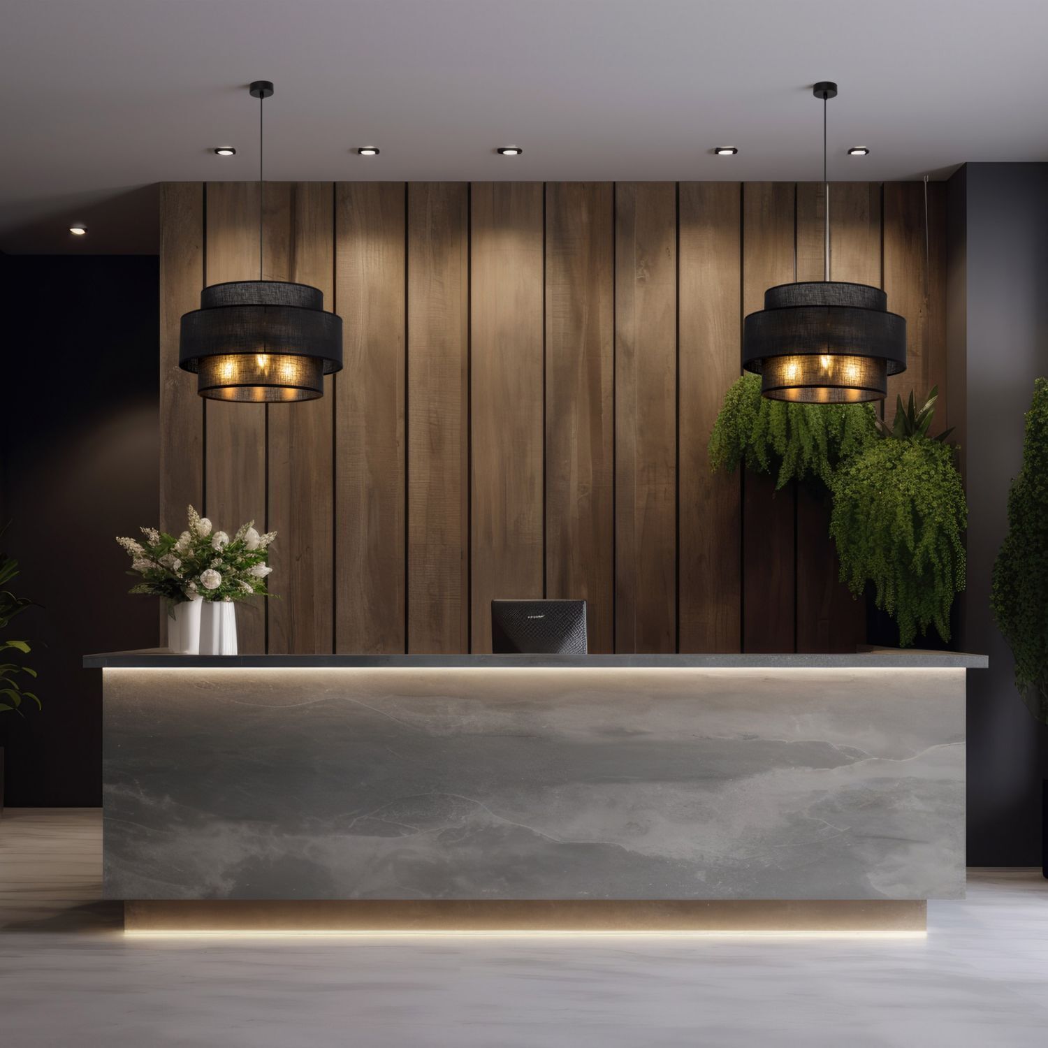 Pendelleuchte Schwarz Stoff Ø 50 cm H: max. 160 cm 3x E27 Drinnen, Innenarchitektur, Empfang, Tabelle, Holzpaneele