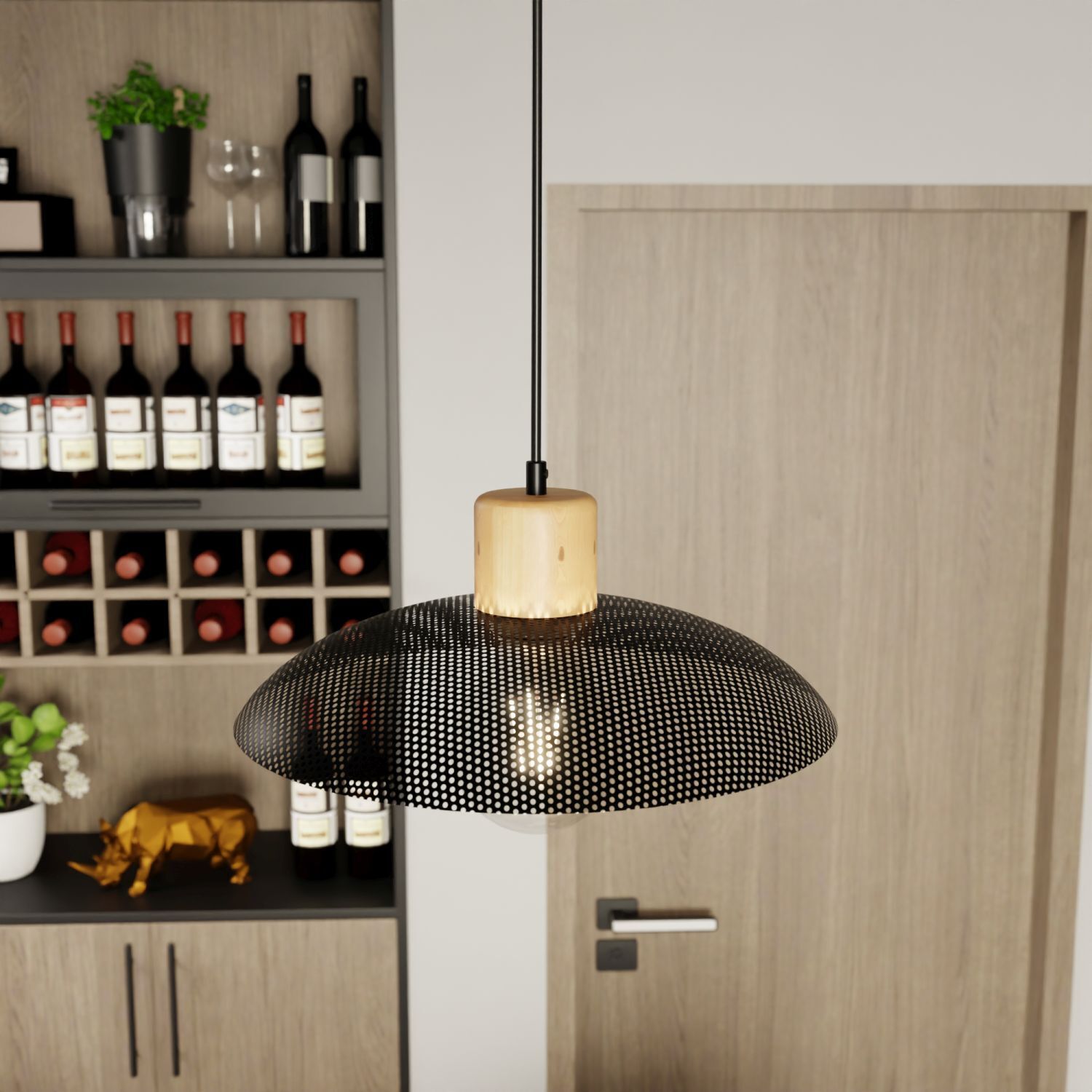 Hängelampe Metall Ø 30 cm Schwarz Holzoptik E27 Loft