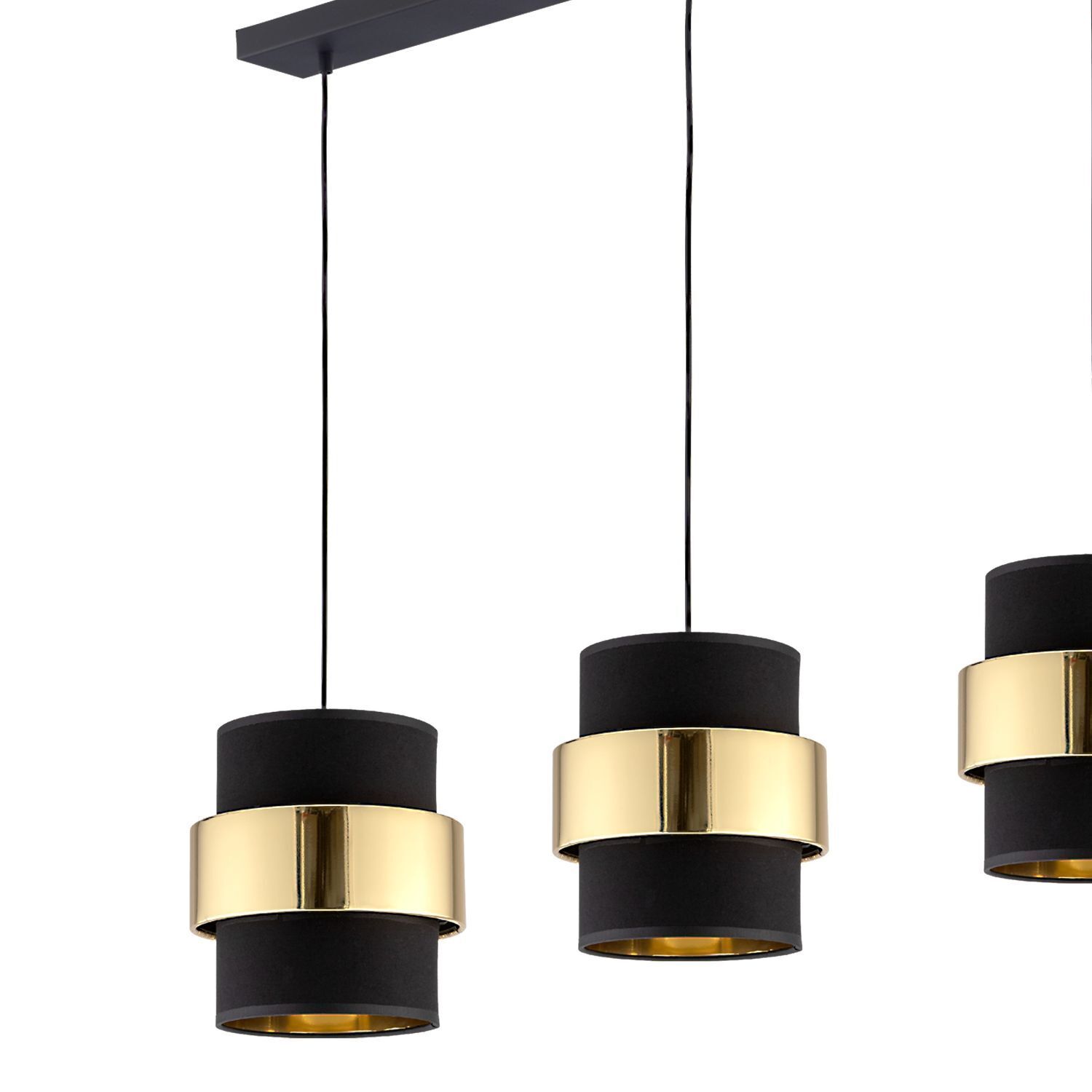 Hängelampe Stoff Metall 3-flammig Schwarz Gold Modern Leuchter, Lampe, Leuchte, Deckenleuchte