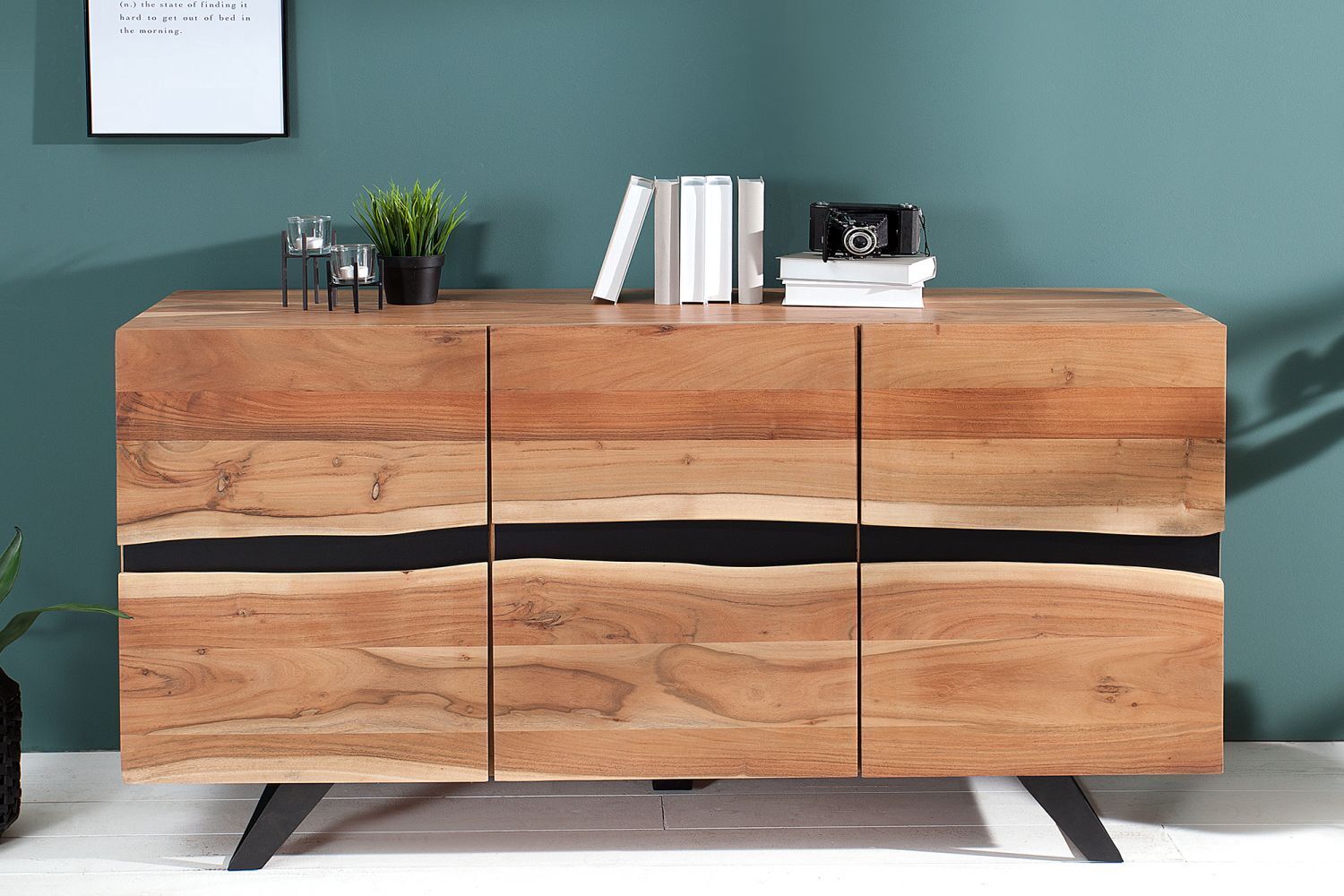 Sideboard Akazienholz Metall 118 cm in Natur Schwarz Moebel, Anrichte, Kabinett, Holz, Pflanze