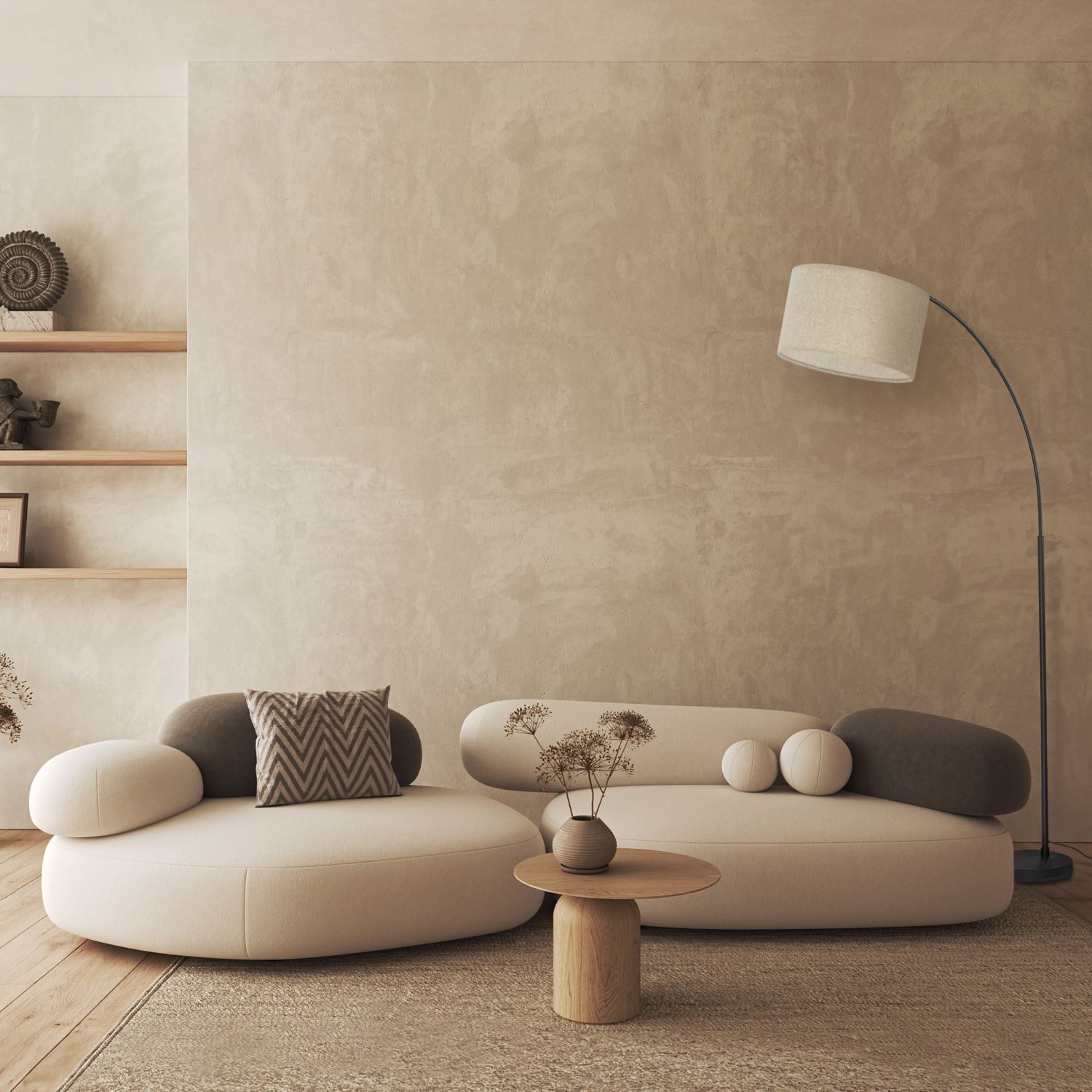 Bogenleuchte 200 cm verstellbar Stoff Metall Schwarz Beige E27 Lampe, Dekoration für Zuhause, Pflanze, Couch, Mobiliar