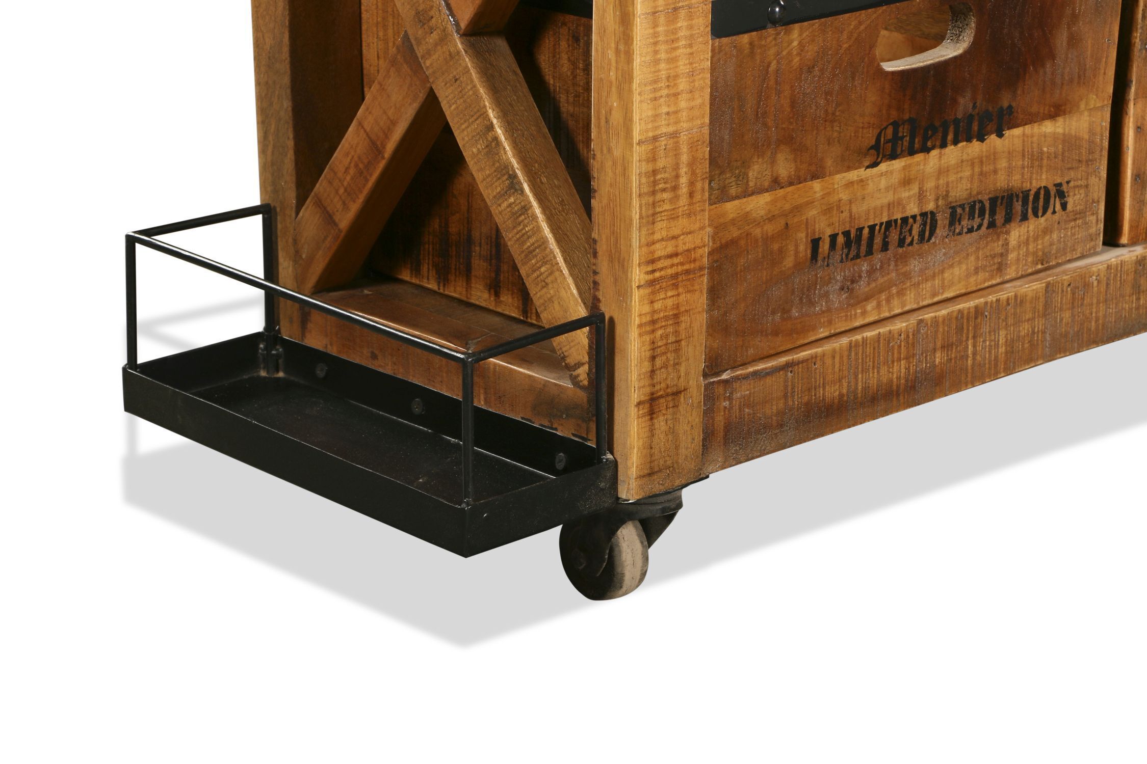 Barschrank mit Rollen Mangoholz Stahl B: 100 cm Industrial Holz, Kiste, Sperrholz, Rad