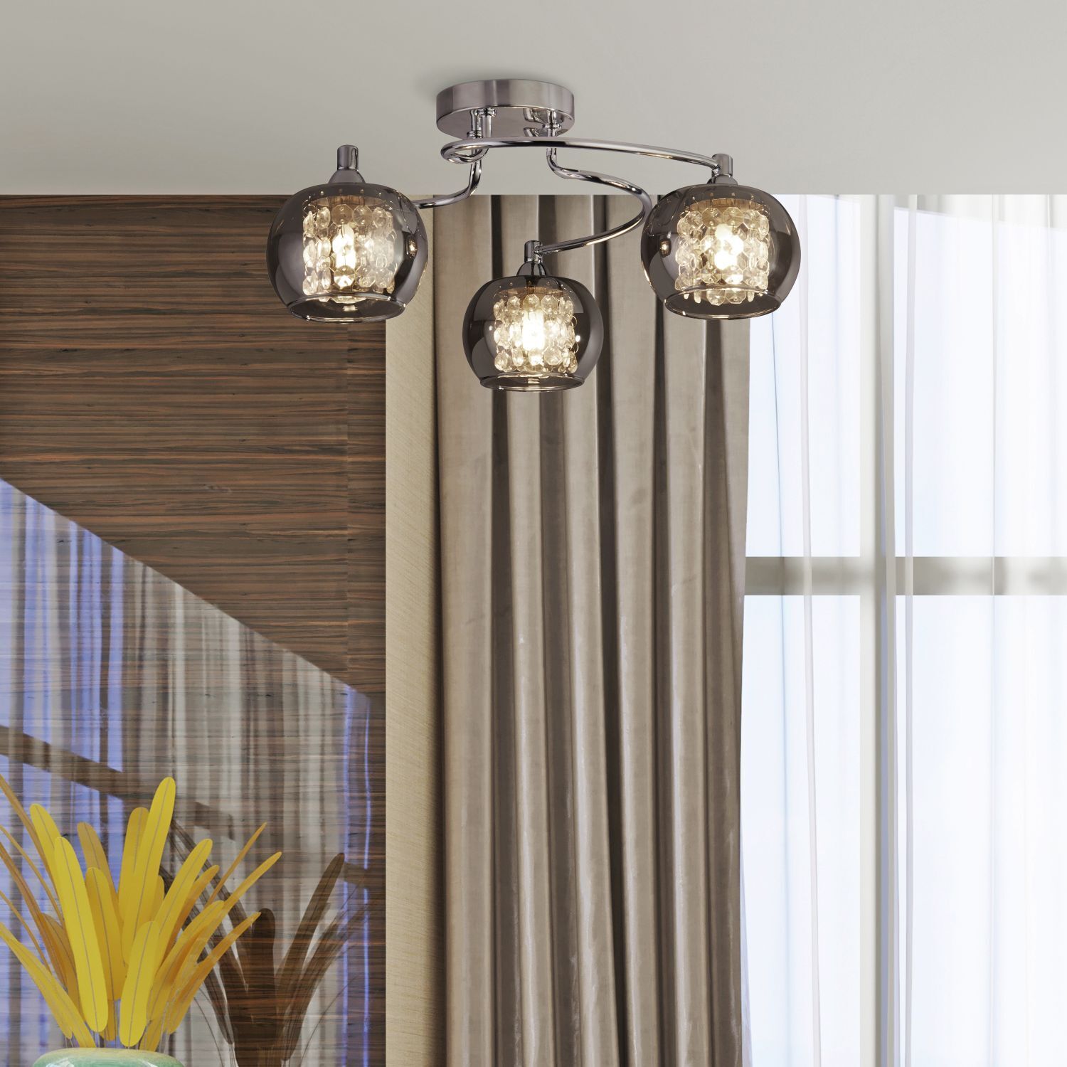 Deckenlampe 3-flammig Chrom Rauchgrau G9 Glas Metall