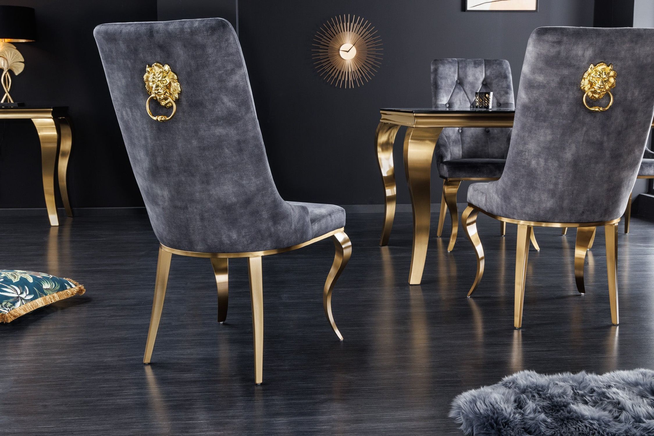 Esszimmerstuhl Grau Gold Chesterfield Barock Samtbezug Moebel, Stuhl, Innenarchitektur, Inneneinrichtung, Fußboden