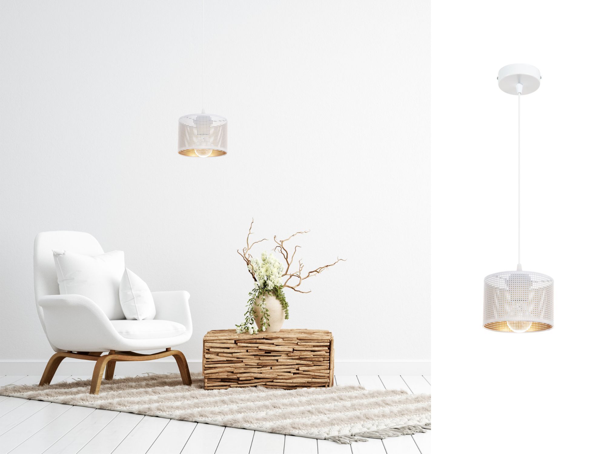 Hängelampe Metall Loft Design E27 B:15 cm Weiß Gold Hängelampe, Metallkorb-Lampe, Wohnzimmerlampe, Pendellampe, Weißer Innenraum