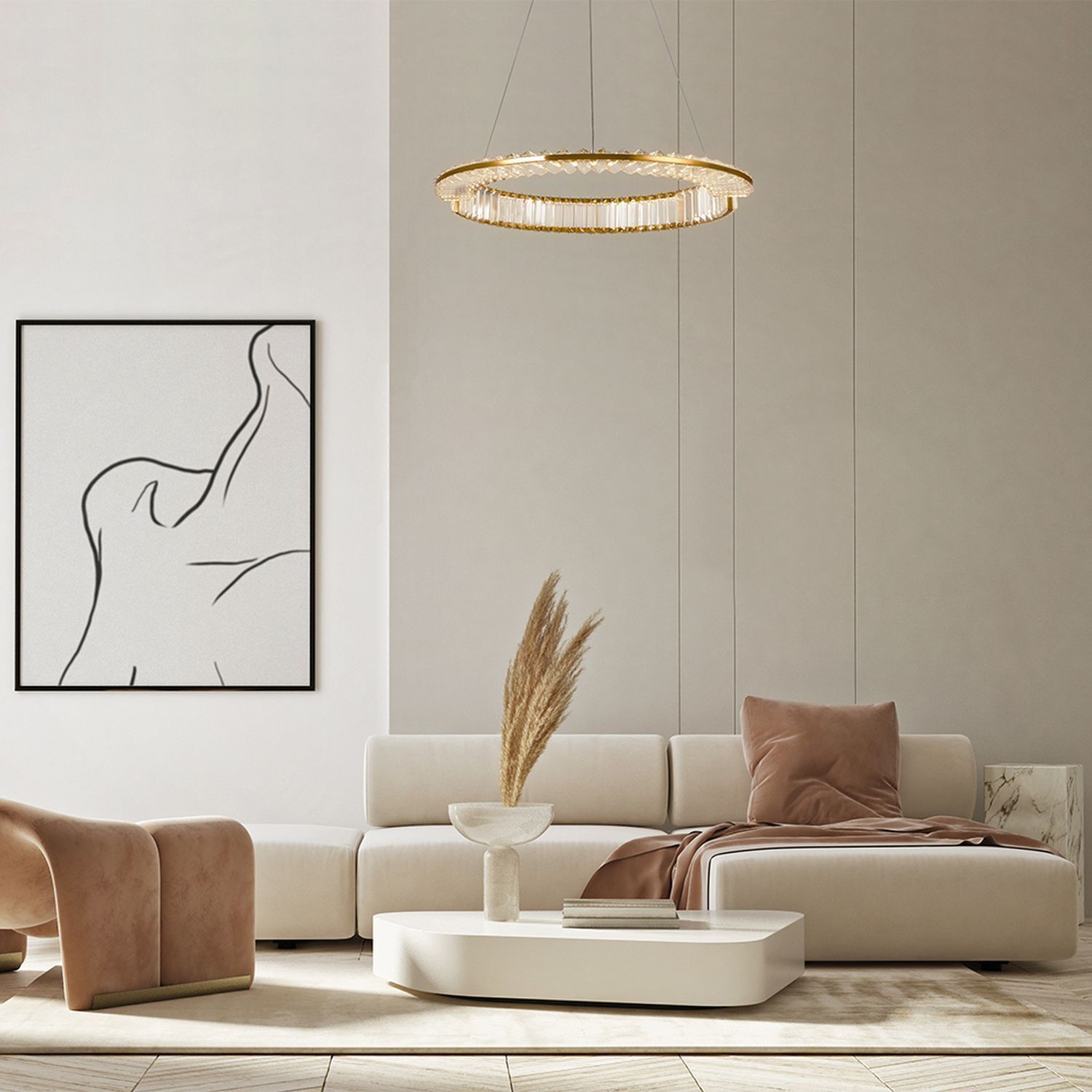 LED Kronleuchter Kristall Metall rund D: 62 cm in Gold Wohnzimmer, Lampe, Dekoration für Zuhause, Innenarchitektur, Couch