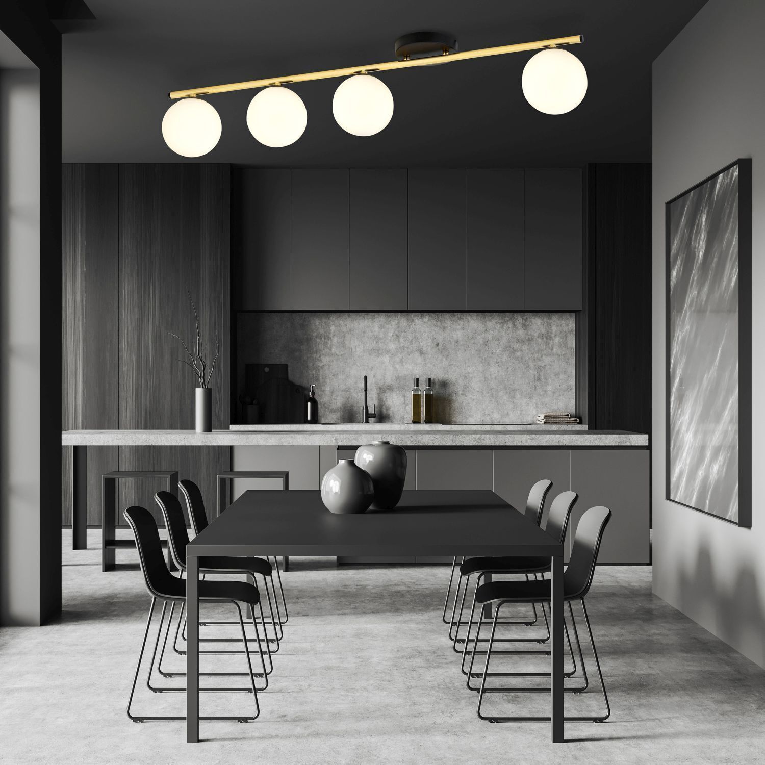 Deckenlampe Kugelschirme Glas Metall 100 cm Speisesaal, Esstisch, Tisch, Innenarchitektur, Beleuchtung