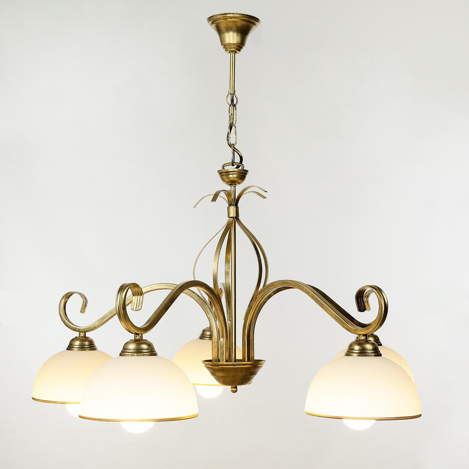 Deckenleuchte Gold Antik Weiß Glasschirm 5-flammig Leuchter, Lampe, Leuchte