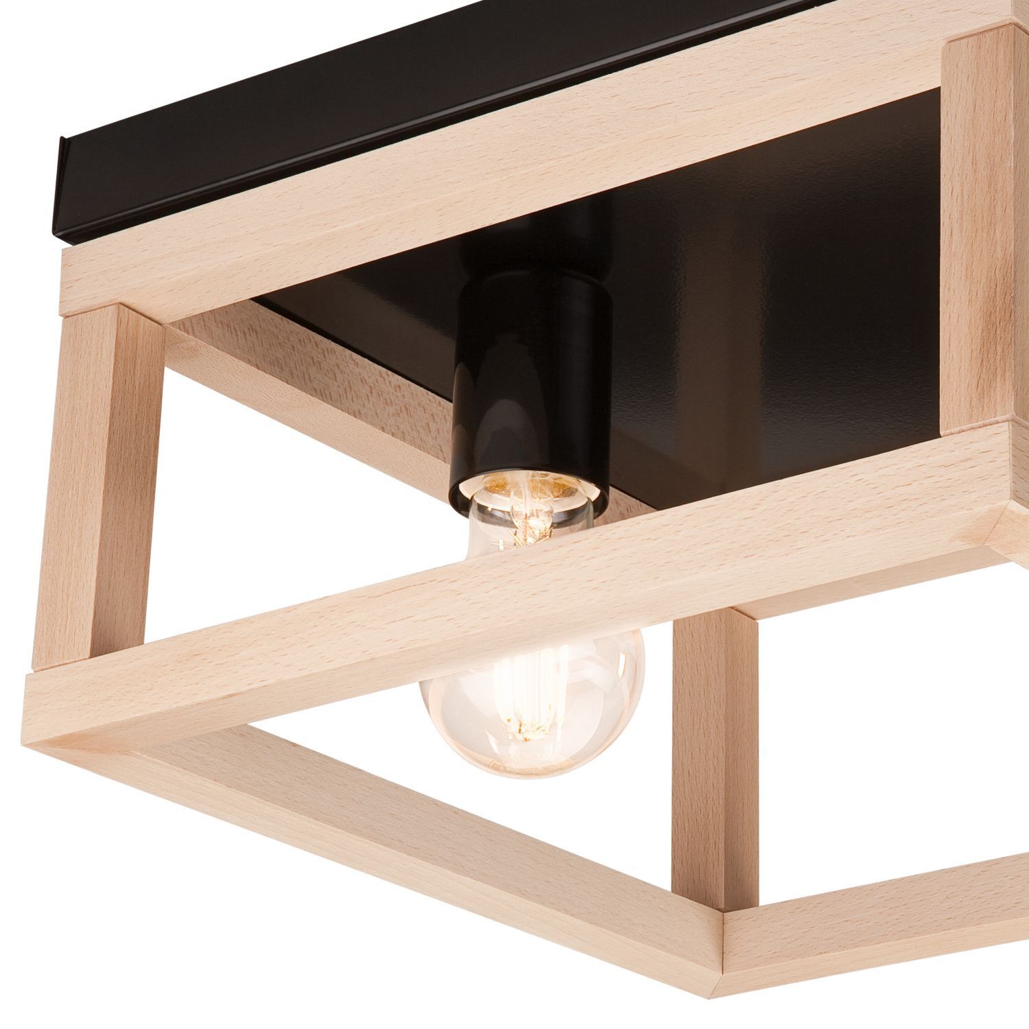 Deckenleuchte Schwarz Natur 2x E27 B: 30 cm eckig Holz Metall