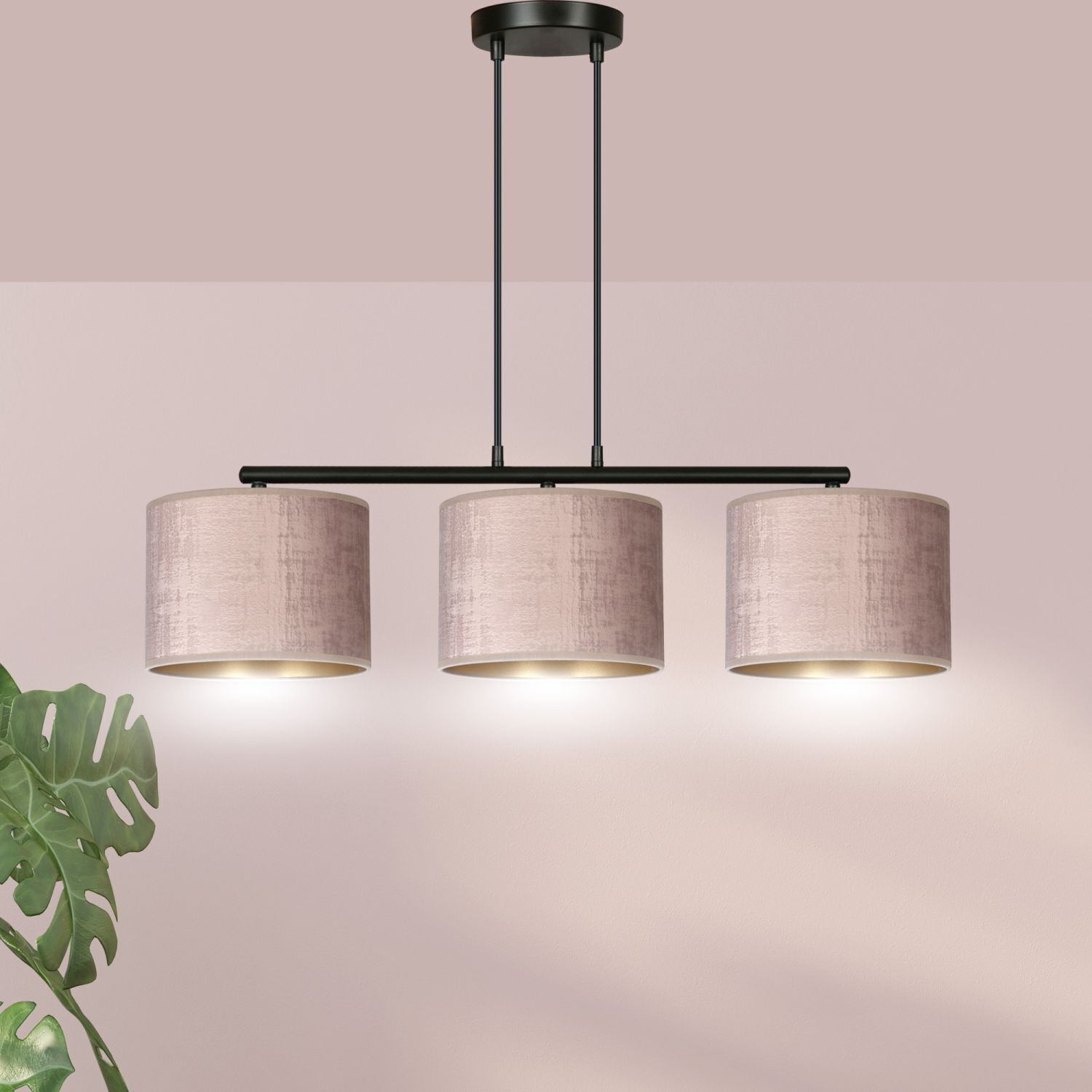 Hängelampe Metall Stoff L: 72 cm Schwarz Rosa Gold 3-flammig