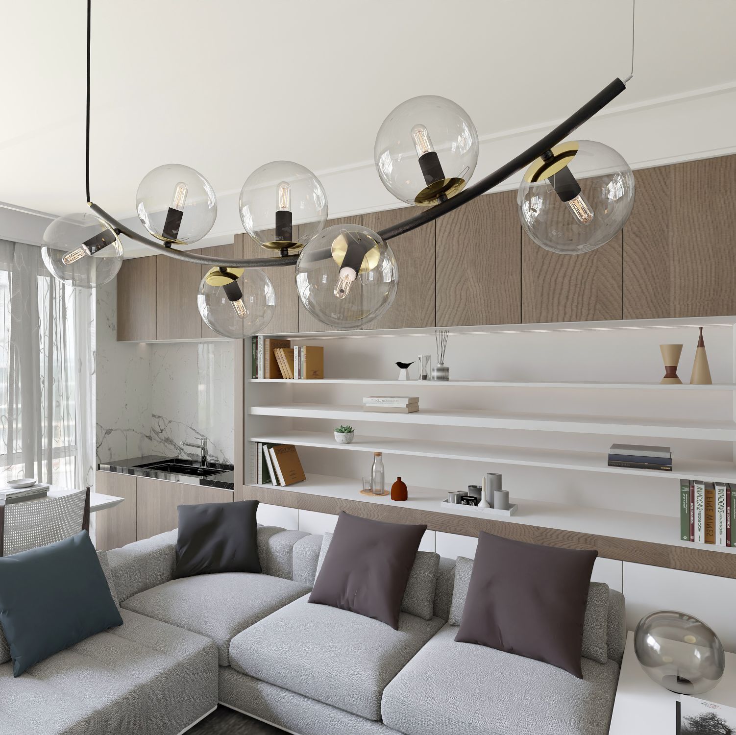 Hängelampe Glas Metall L: 95 cm H: max. 100 cm 7x E14 Dekoration für Zuhause, Innenarchitektur, Wohnzimmer, Kissen, Couch