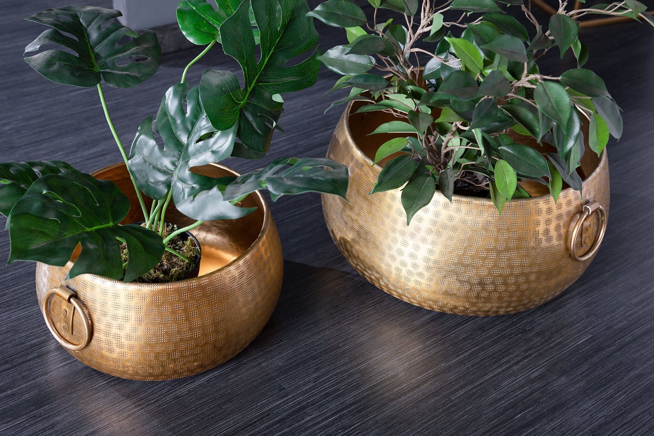 Übertopf 2er Set Metall in Gold Handarbeit Hammerschlag Pflanze, Pflanze im Topf, Blatt, Pflanzgefäß, Topf