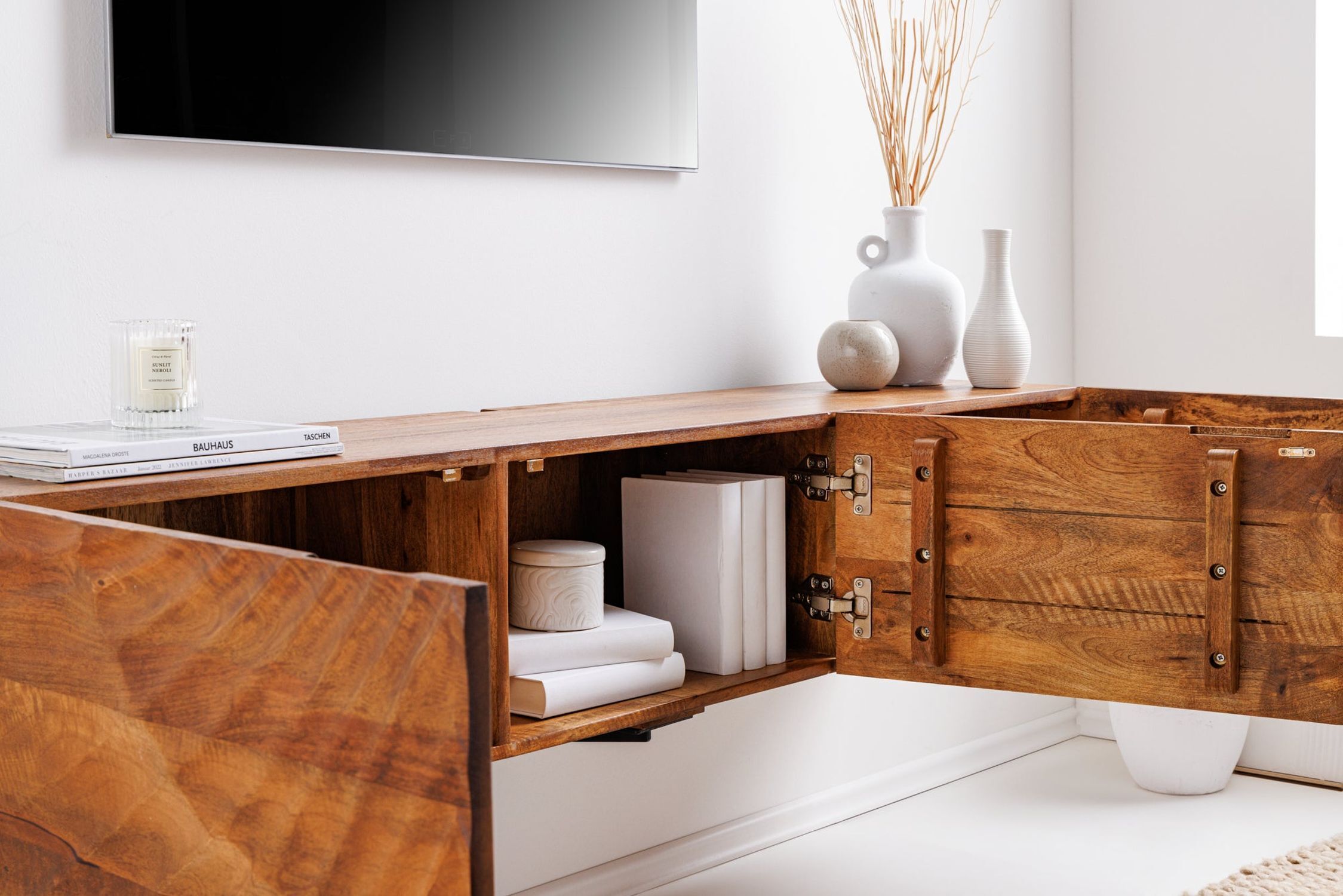 TV Hängeboard Mangoholz 160 cm Handarbeit modernes Design Anrichte, Innenarchitektur, Hartholz, Gebeiztes Holz, Holz