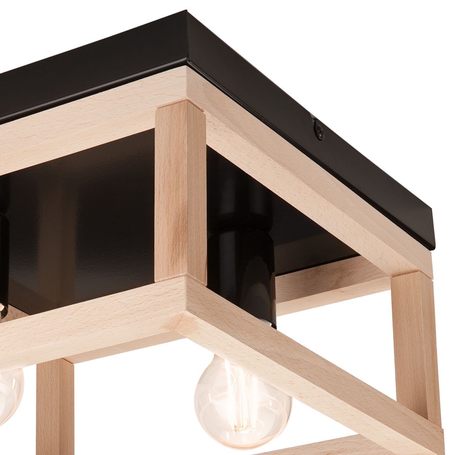 Deckenleuchte Schwarz Natur 2x E27 B: 30 cm eckig Holz Metall