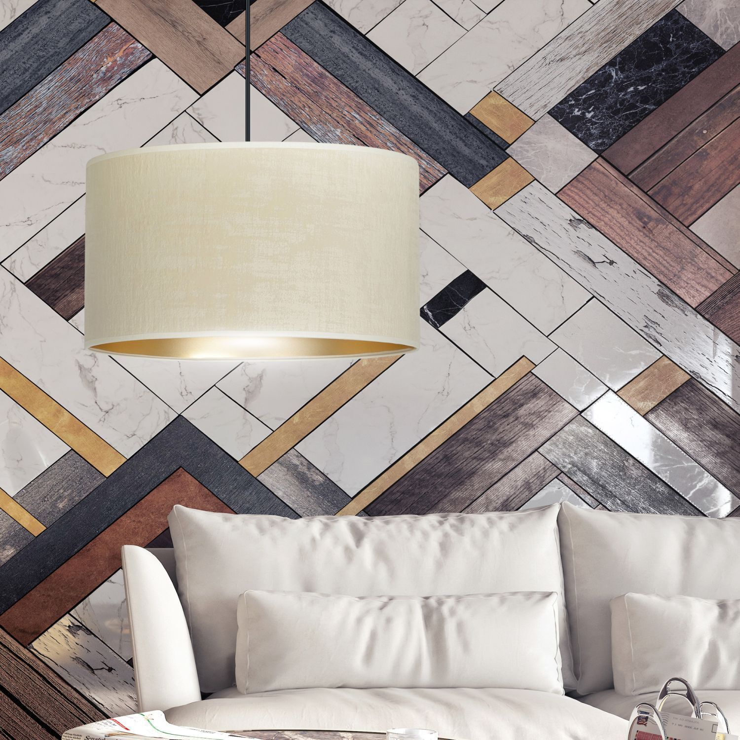 Hängelampe Stoff Ø 35 cm rund Weiß Gold Schwarz E27 Drinnen, Innenarchitektur, Fußboden, Lampe, Handtasche