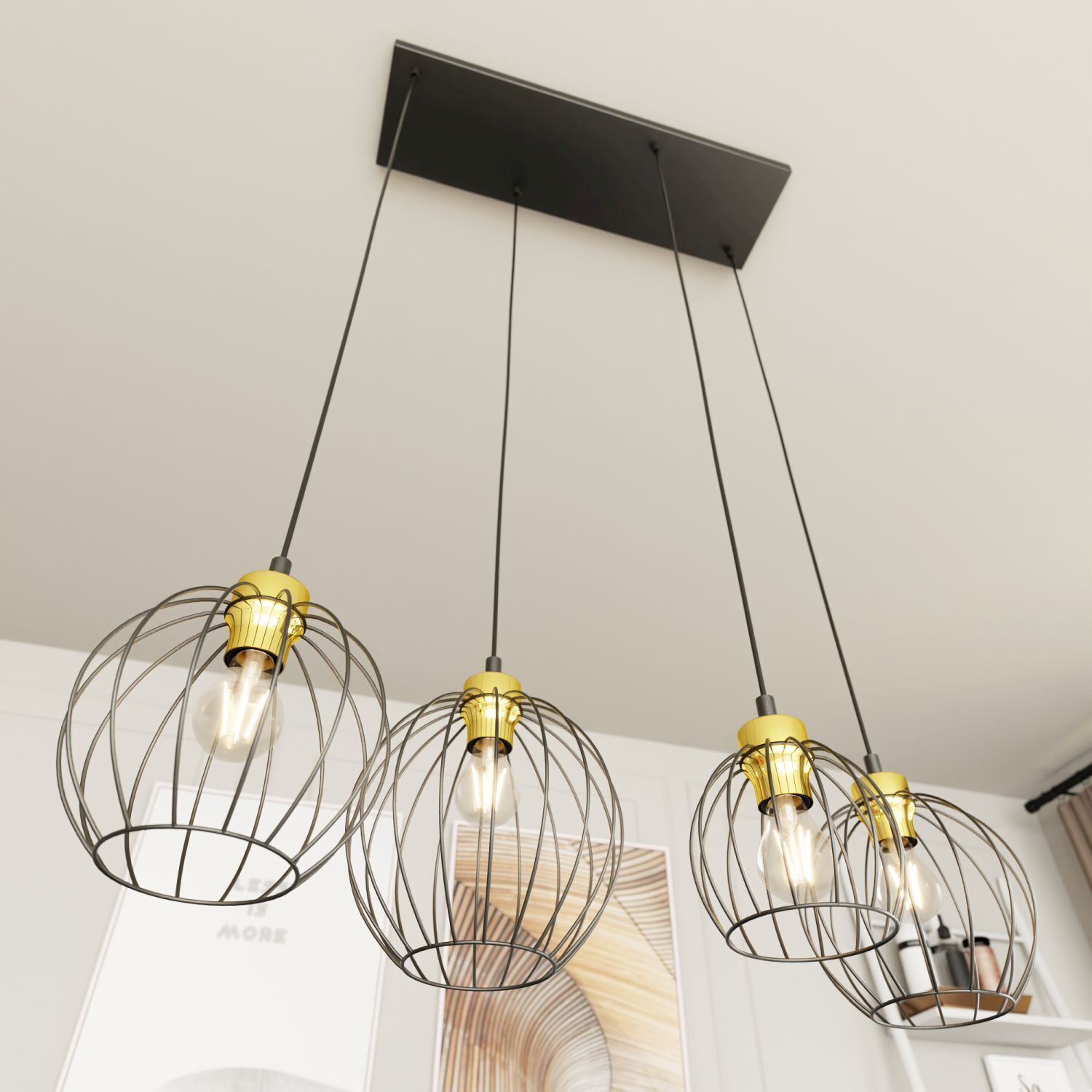 Längliche Hängelampe Schwarz Gold L:83 cm E27 stilvoll