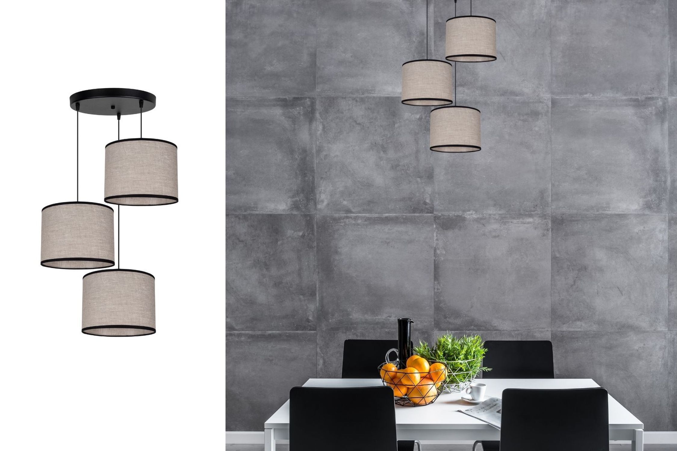 pendant lamp, hängeleuchte, beige lampschirm, mehrfaches licht, schwarfe montage