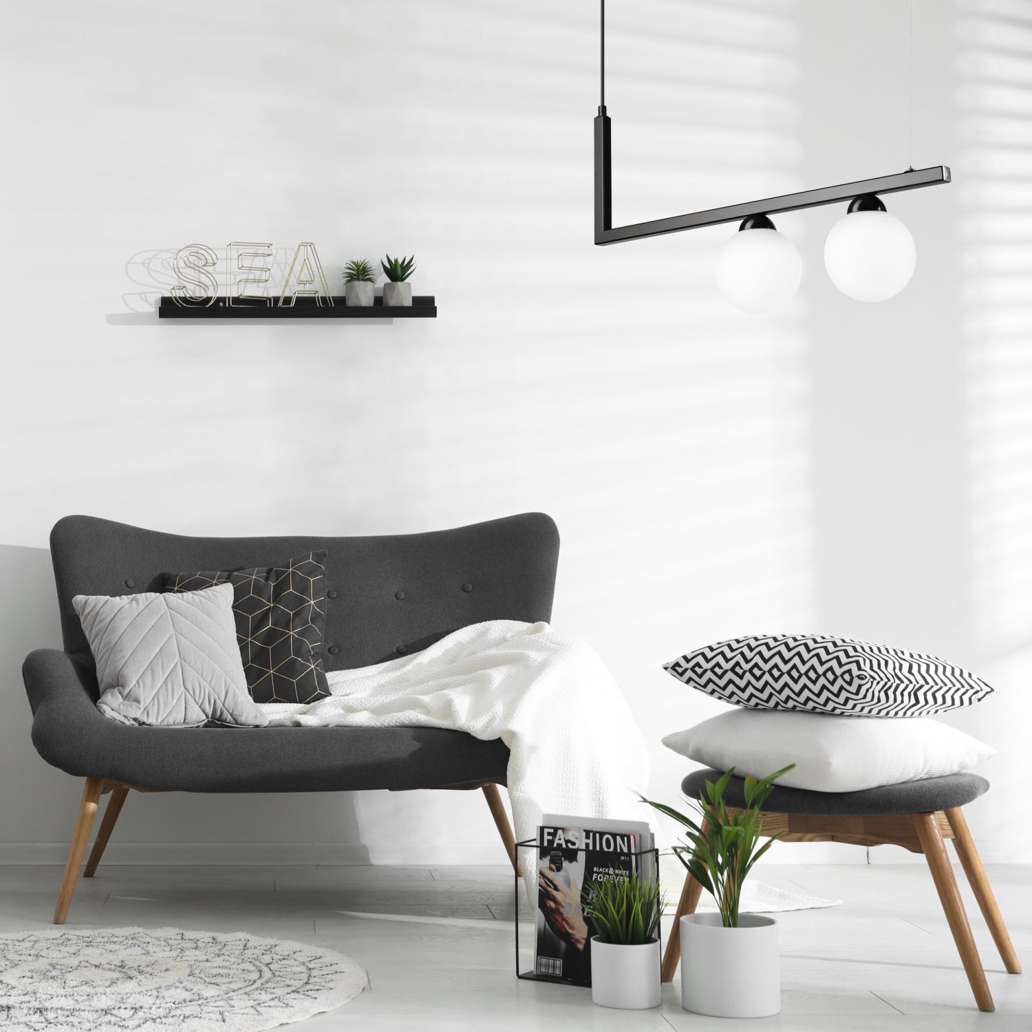 Pendelleuchte Schwarz Weiß länglich Glas Metall 2x G9