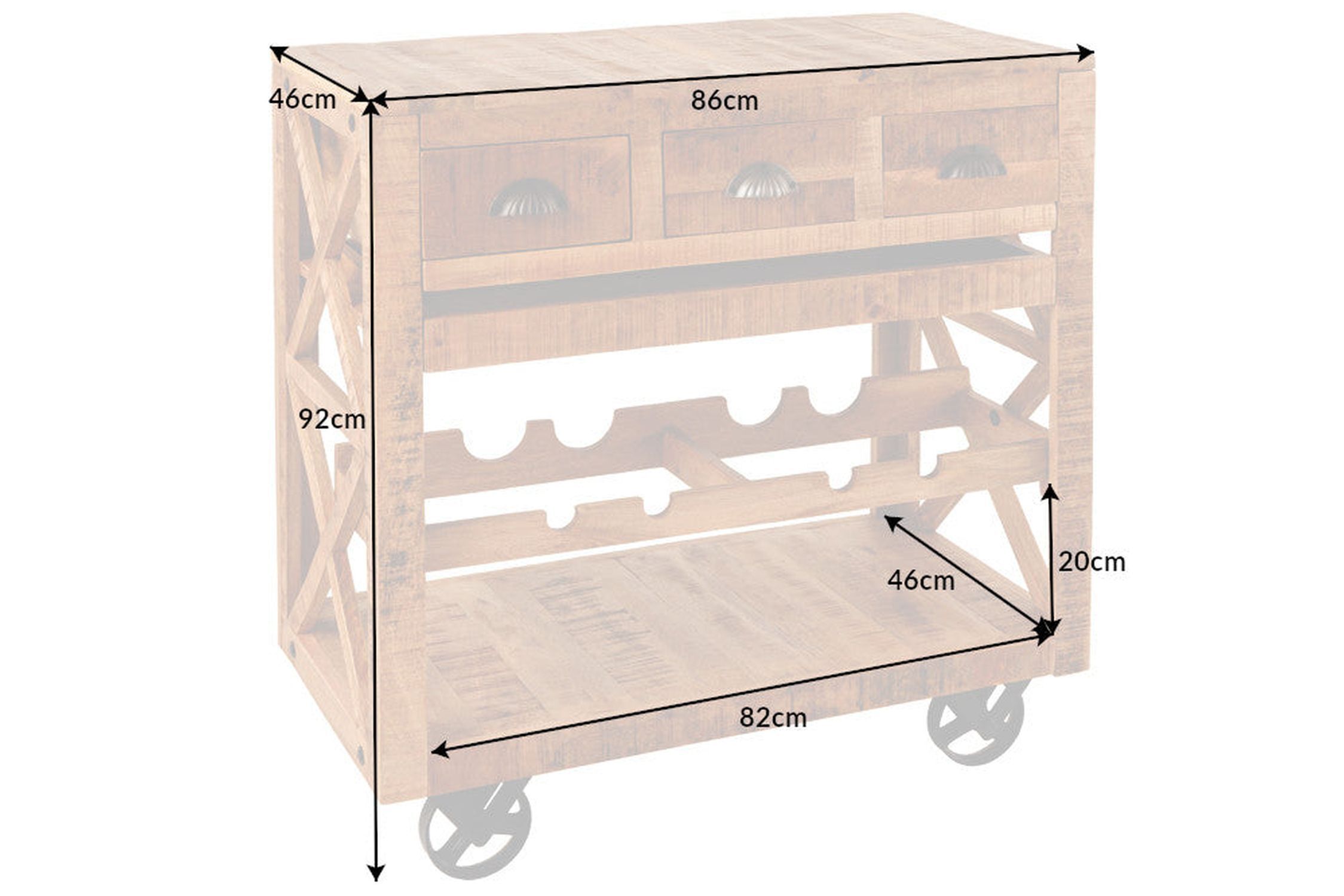 Barschrank mit Rollen Mangoholz massiv B: 86 cm Industrial