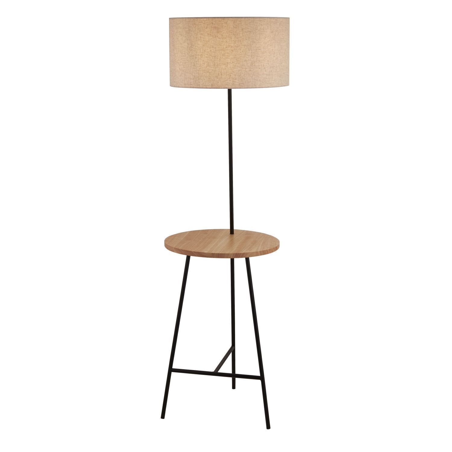 Skandinavische Dreibein-Stehlampe Mit Ablage – Weiße Stoff-Holz-Leuchte Fürs Wohnzimmer, 148 Cm, E27