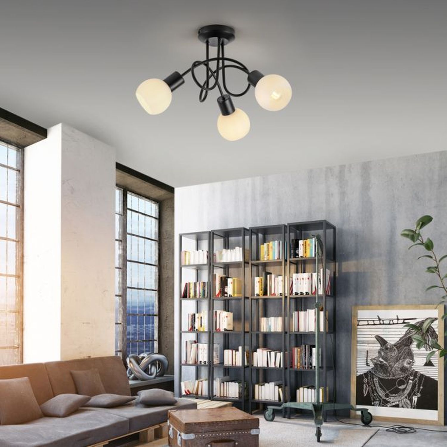 Moebel, Bücherschrank, Kronleuchter, Lampe