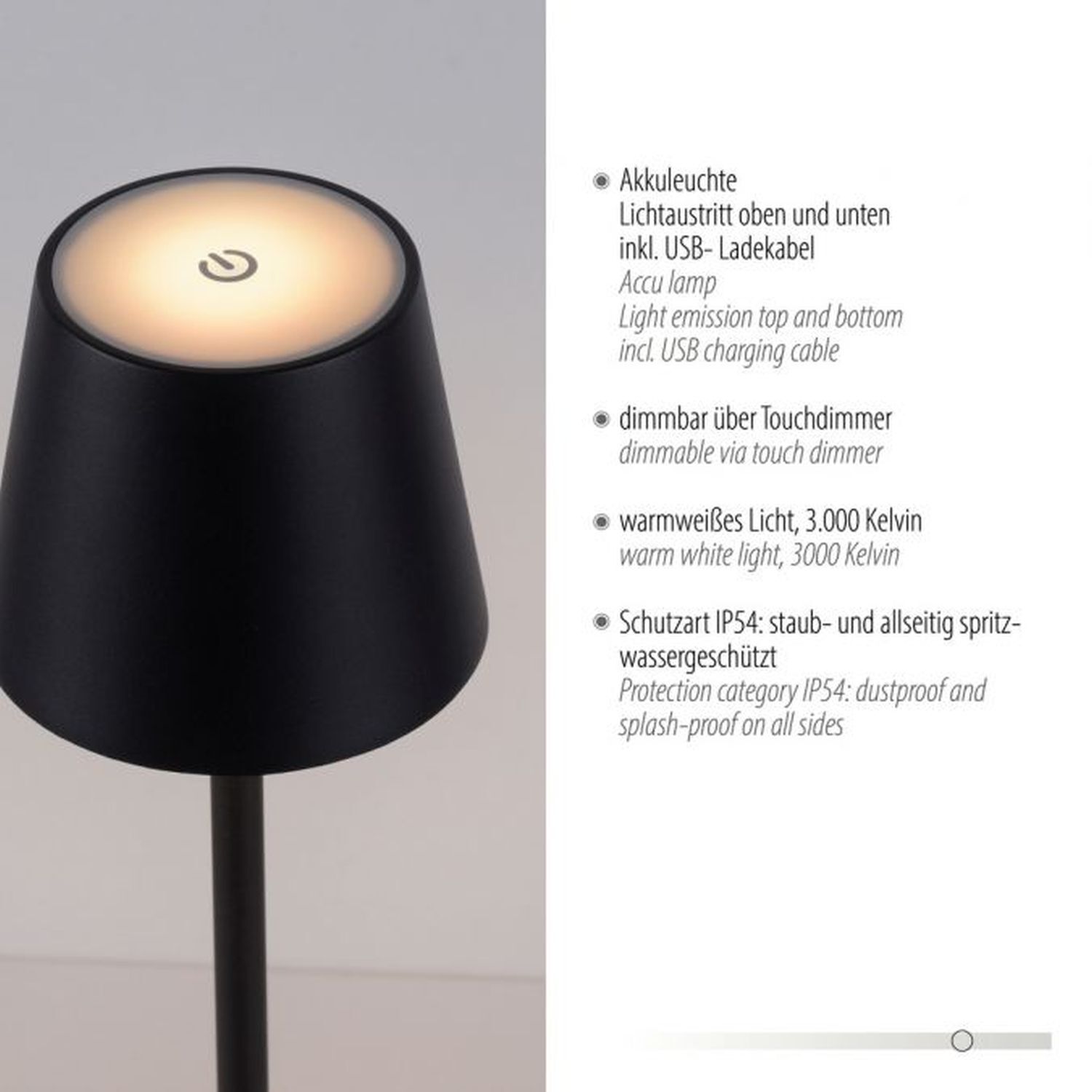 LED Akku Tischlampe Metall IP54 Touch Dimmen 320 lm